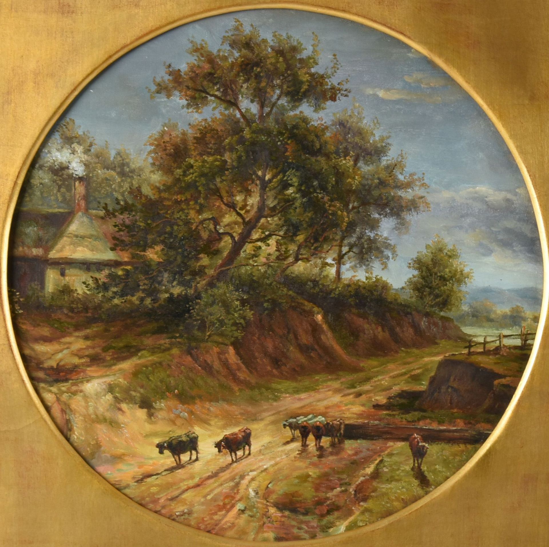 Engsbach, M. Öl/Lwd. auf Holz kaschiert, Landschaft mit Weg und Rindern, rückseitig Künstlerhinweis, - Bild 2 aus 3