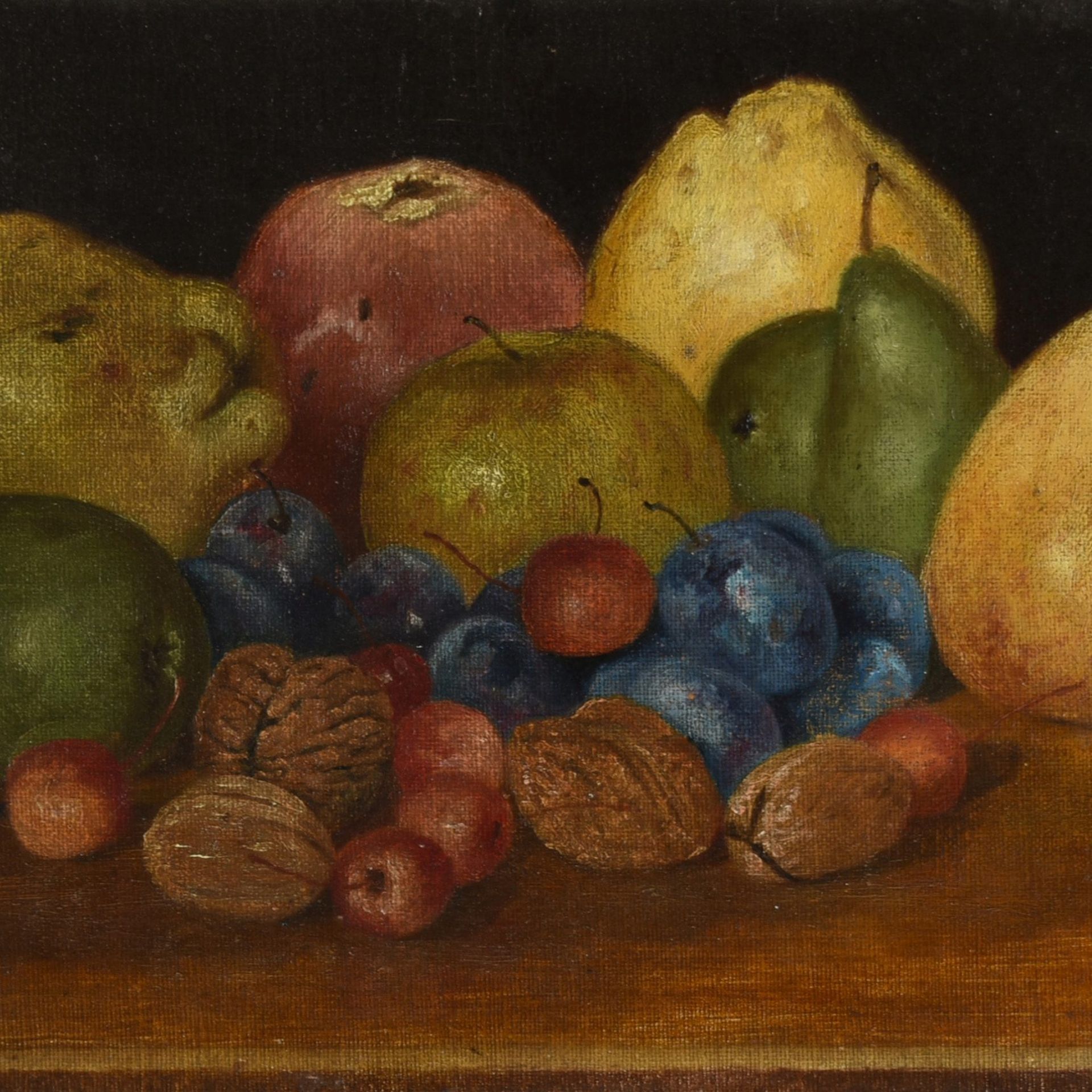 Unsigniert Öl/Lwd. auf Karton kaschiert, Stillleben mit Obst und Nüssen, gerahmt, ca. 21 x 29 cm,