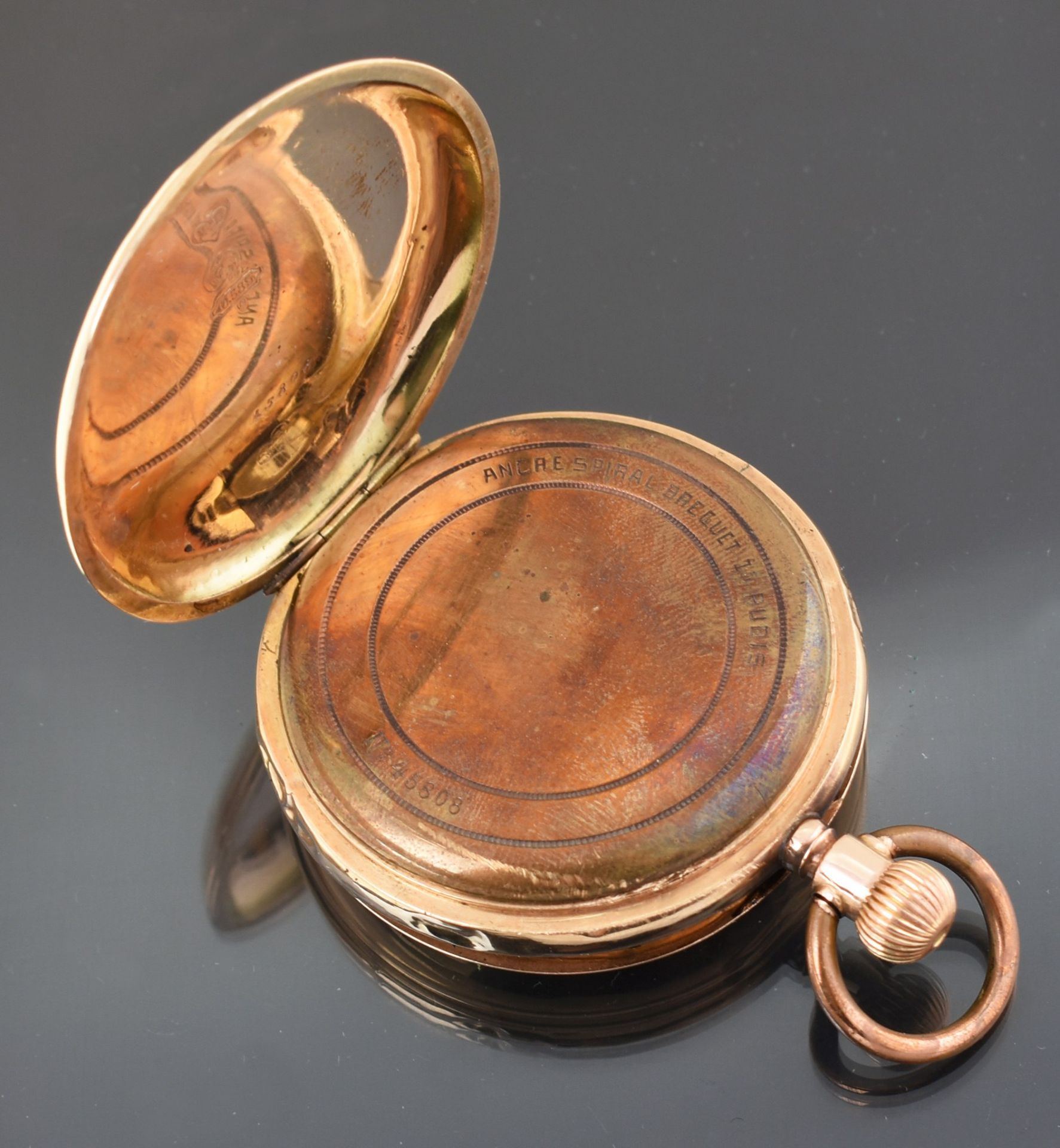 Sprungdeckeltaschenuhr Gehäuse GG 585, Staubdeckel vergoldet, Ankerhemmung, 15 Steine, weißes - Bild 4 aus 5