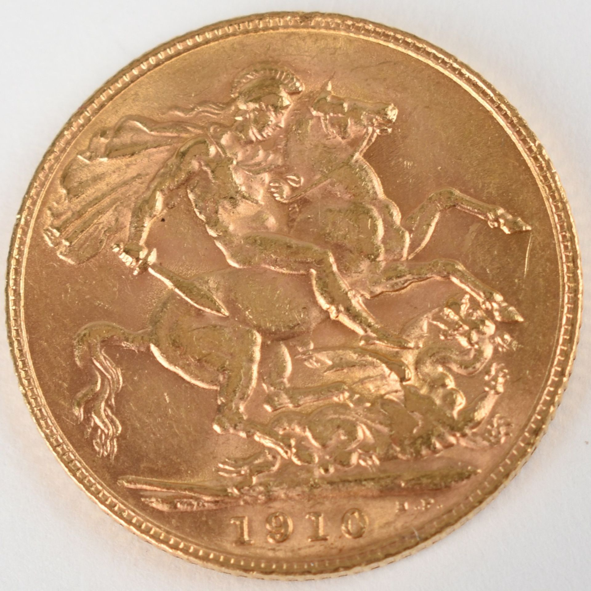 Goldmünze Großbritannien 1910 Sovereign in Gold, 916/1000, 7,988 g, D ca. 22 mm, av. König George V. - Bild 2 aus 3