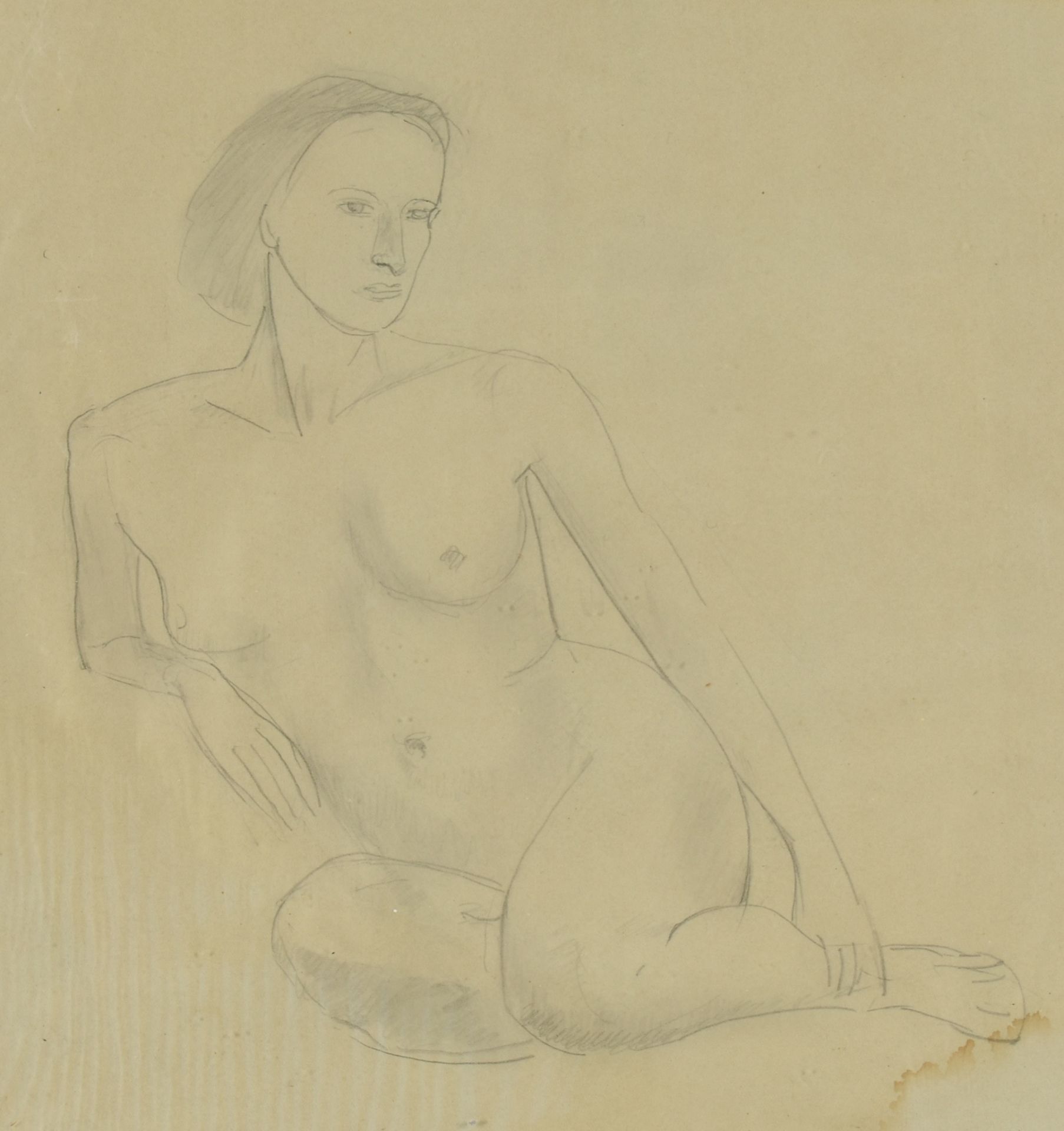 Unsigniert Bleistiftzeichnung auf dünnem Papier, sitzender weiblicher Akt, ein Arm aufgestützt, - Bild 2 aus 3
