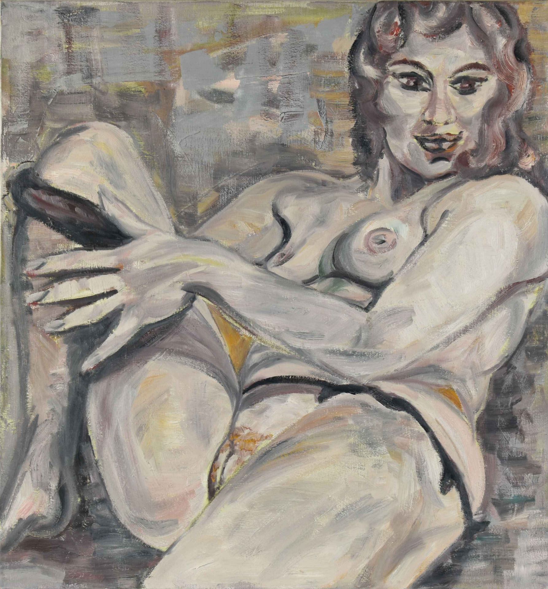 Unsigniert Öl/Lwd., Darstellung eines sitzenden weiblichen Aktes, den Betrachter frontal anschauend, - Bild 2 aus 2