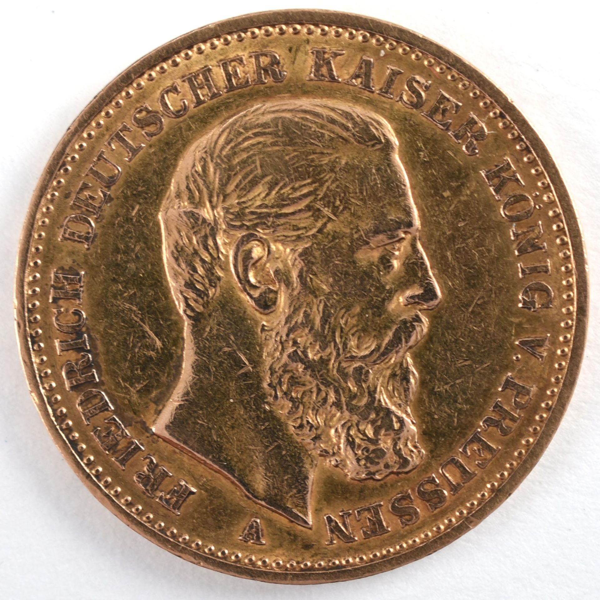 Goldmünze Preußen 1888 20 Mark in Gold, 900/1000, 7,96 g, D ca. 22,5 mm, av. Friedrich Deutscher - Bild 2 aus 3