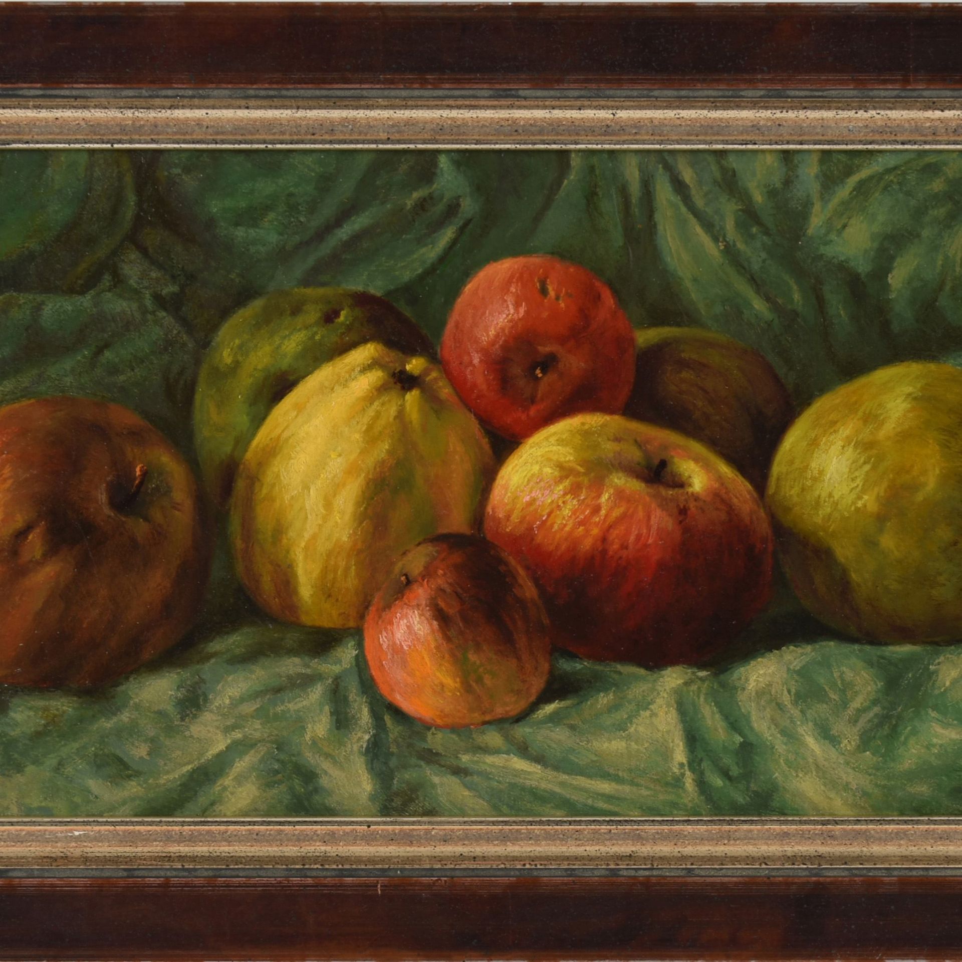 Lang, M. Öl/Holz, Stillleben mit Obst, links unten signiert, gerahmt, ca. 18 x 43 cm, mit Rahmen ca.