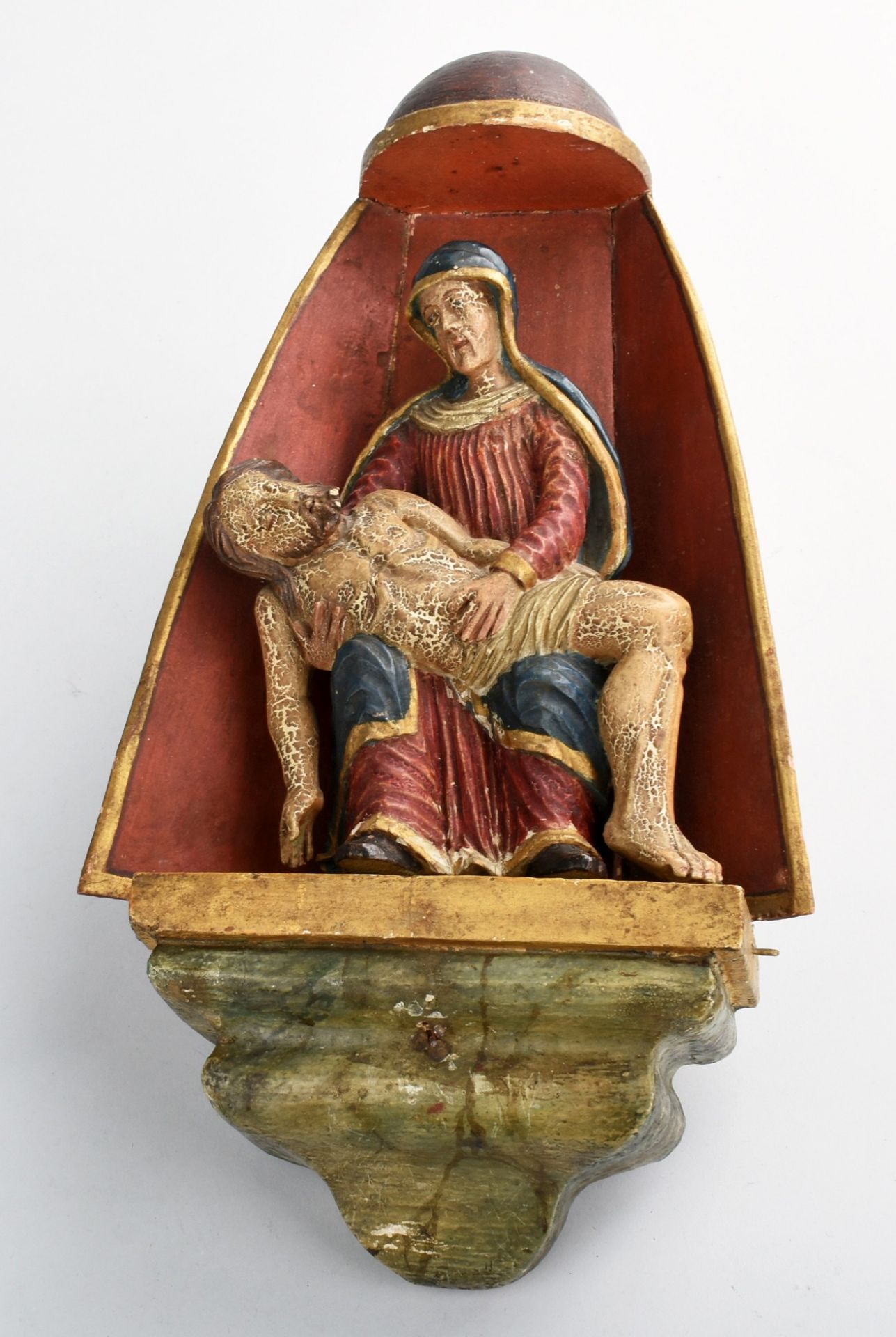 Andachtsbild Holz, polychrome Farbfassung, Maria in Trauer um ihren vom Kreuz abgenommenen Sohn, - Bild 2 aus 3