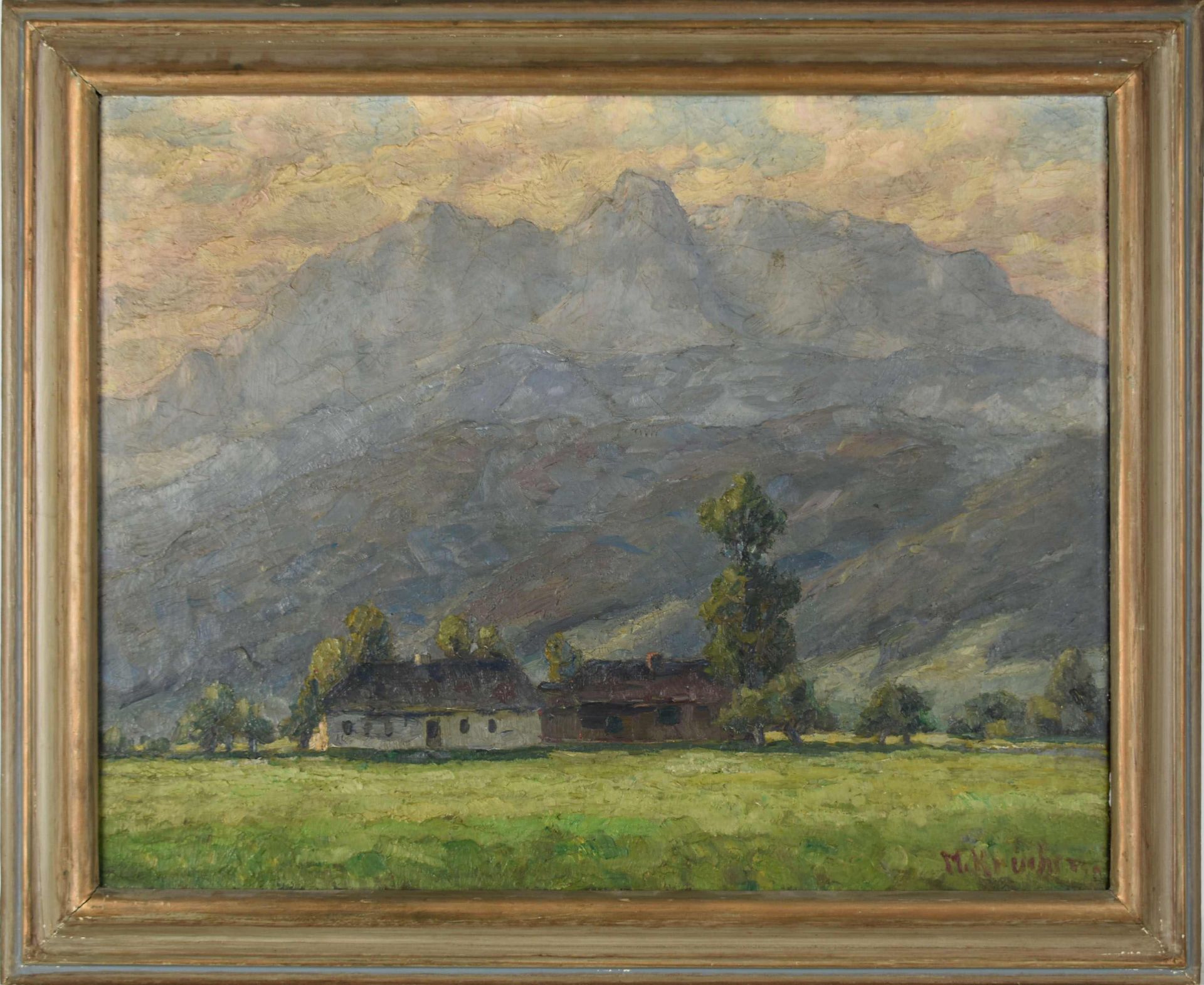 Kruchen, Medarus (1877 Düsseldorf - 1957 ebd.) Öl/Lwd., Landschaft mit Bauerngehöft im Unwetter, - Bild 3 aus 4