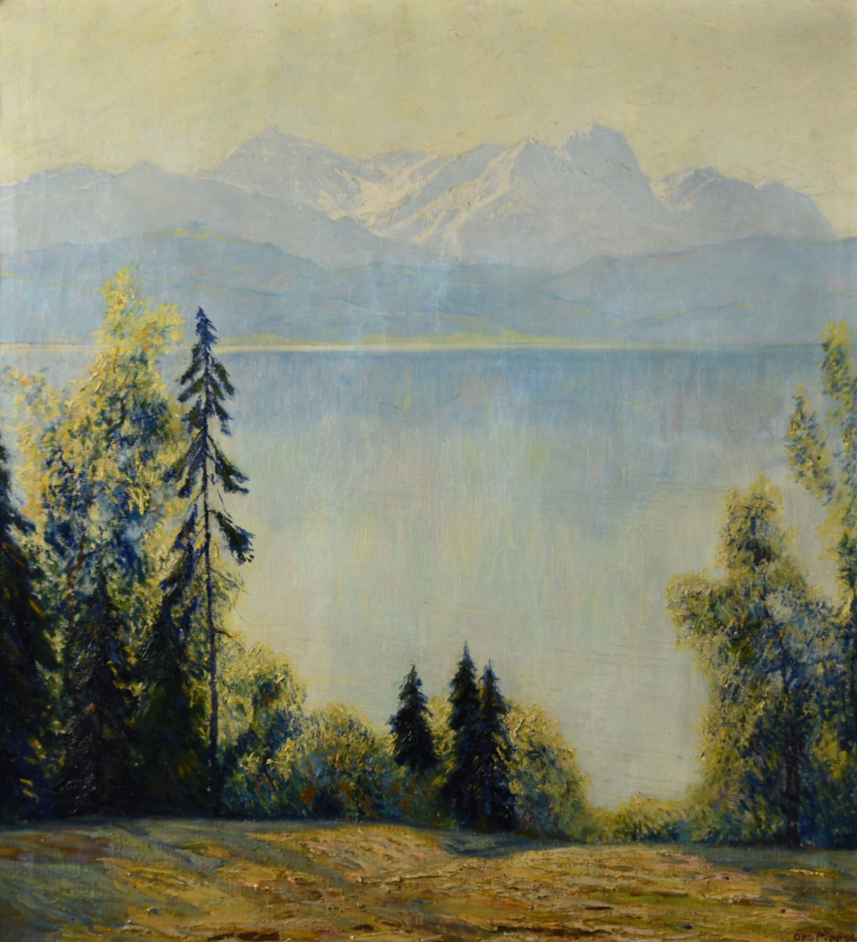 Pippel, Otto Eduard (1878 Lotz - 1960 Planegg) Öl/Lwd., Blick über See auf Gebirgsmassiv, rechts - Bild 2 aus 4