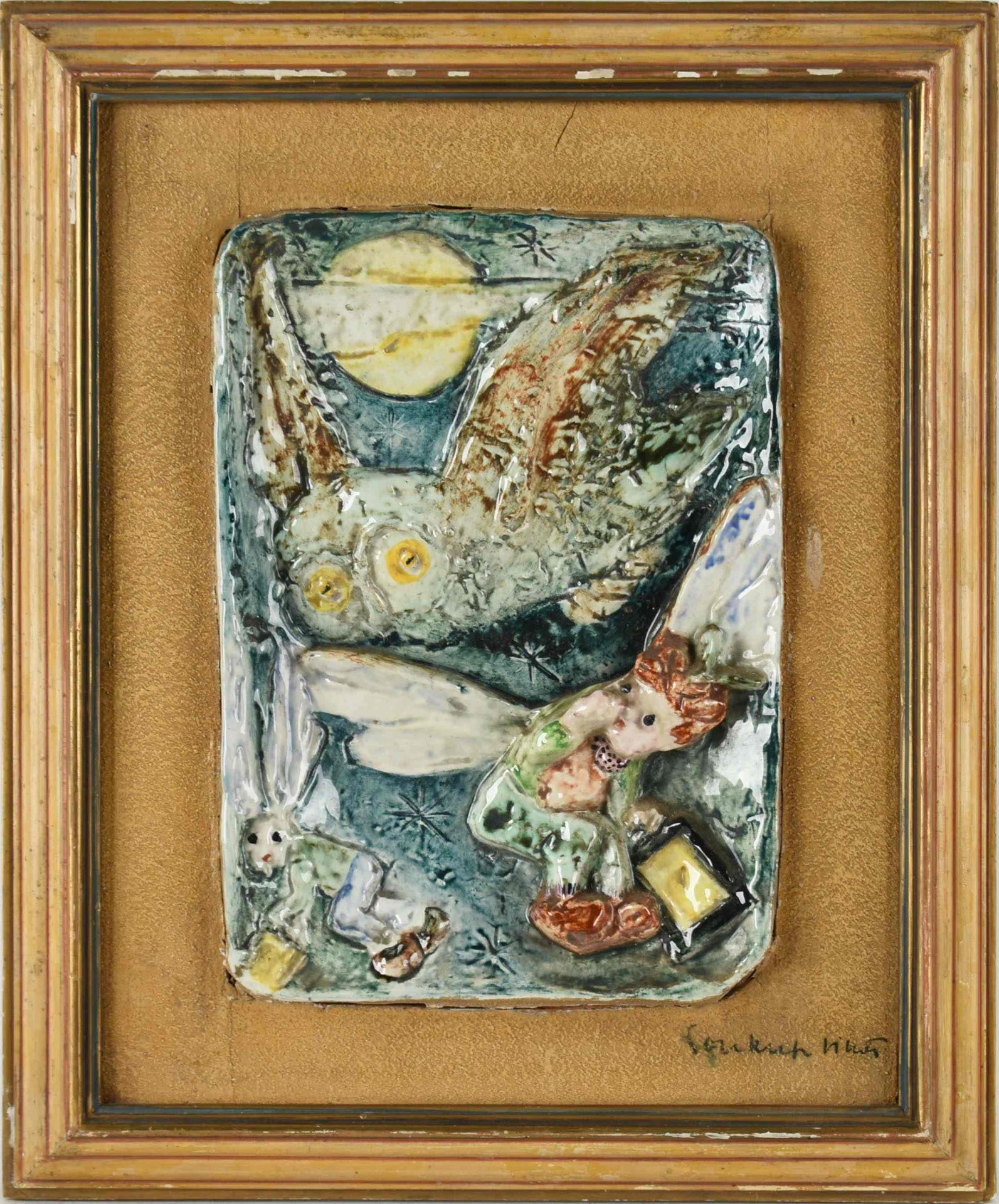 Künstlerfliese Jindrich Soukop Majolika-Relief, Märchendarstellung mit Elfen und Eule, farbig - Bild 3 aus 4