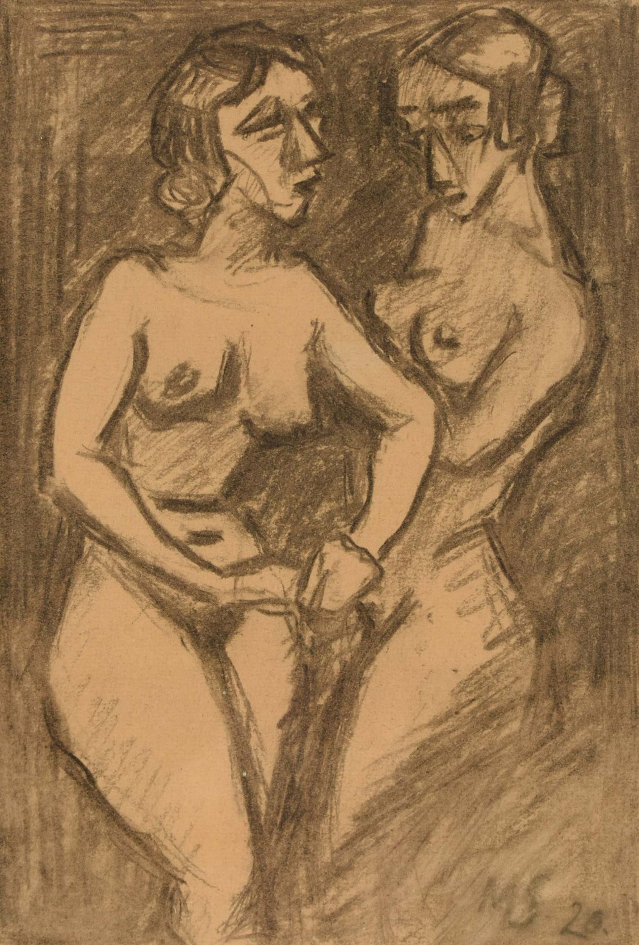 Monogrammiert Bleistiftzeichnung, zwei stehende Damenakte, in expressionistischer Manier mit schwarz - Bild 2 aus 4