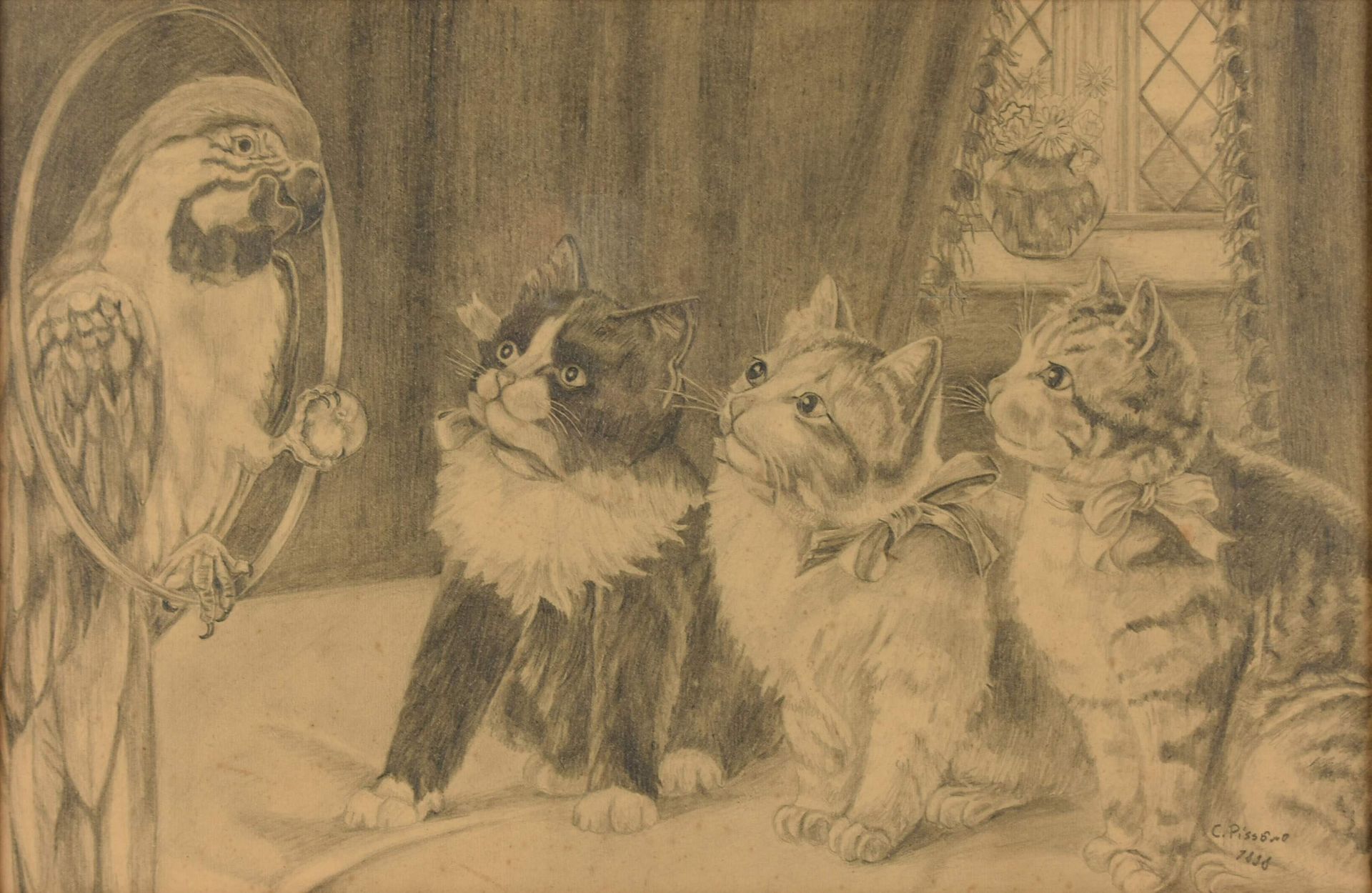 Pissaro, C. Bleistiftzeichnung, Tierdarstellung, drei Katzen und ein Papagei, rechts unten - Bild 2 aus 4
