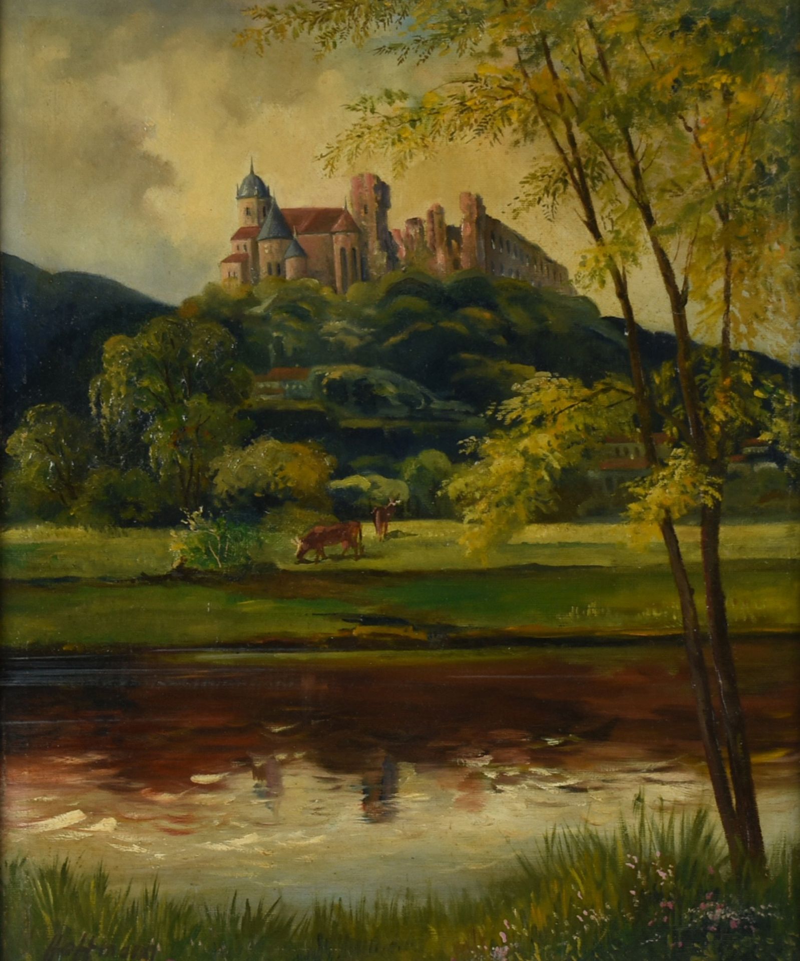 Hoffmann Öl/Lwd., Landschaft mit Klosterruine, links unten signiert, gerahmt, ca. 37,5 x 30,5 cm, - Bild 2 aus 4