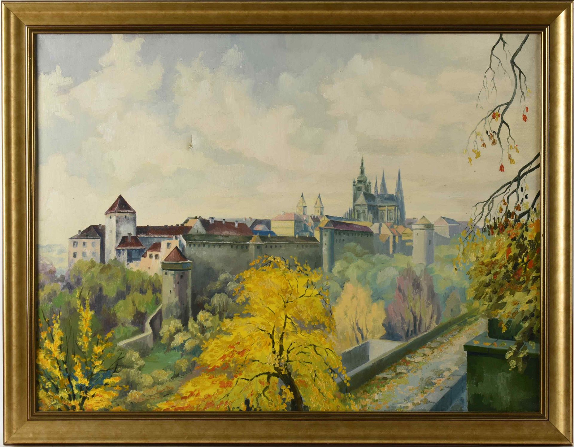 Unsigniert Öl/Lwd., Pragansicht mit Burg, Leinwand mit kleinem Einriss, gerahmt, ca. 60 x 80 cm, mit - Bild 3 aus 3