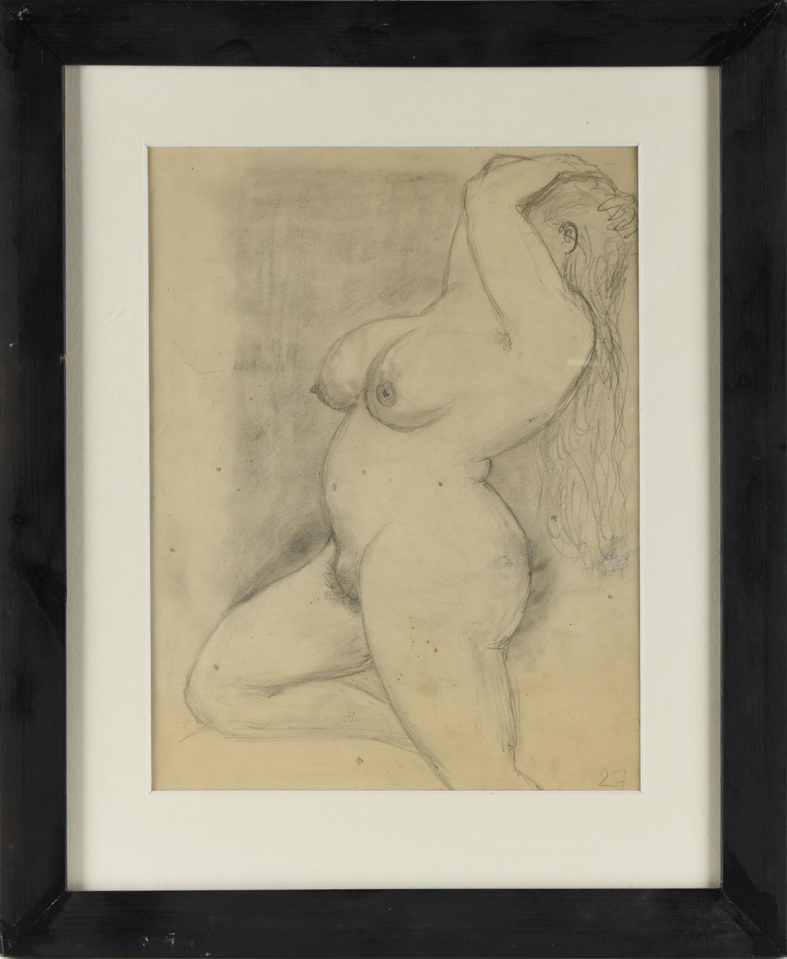 Unsigniert Bleistiftzeichnung, Aktstudie, draller weiblicher Akt mit erhobenen Armen, unten rechts - Bild 3 aus 4