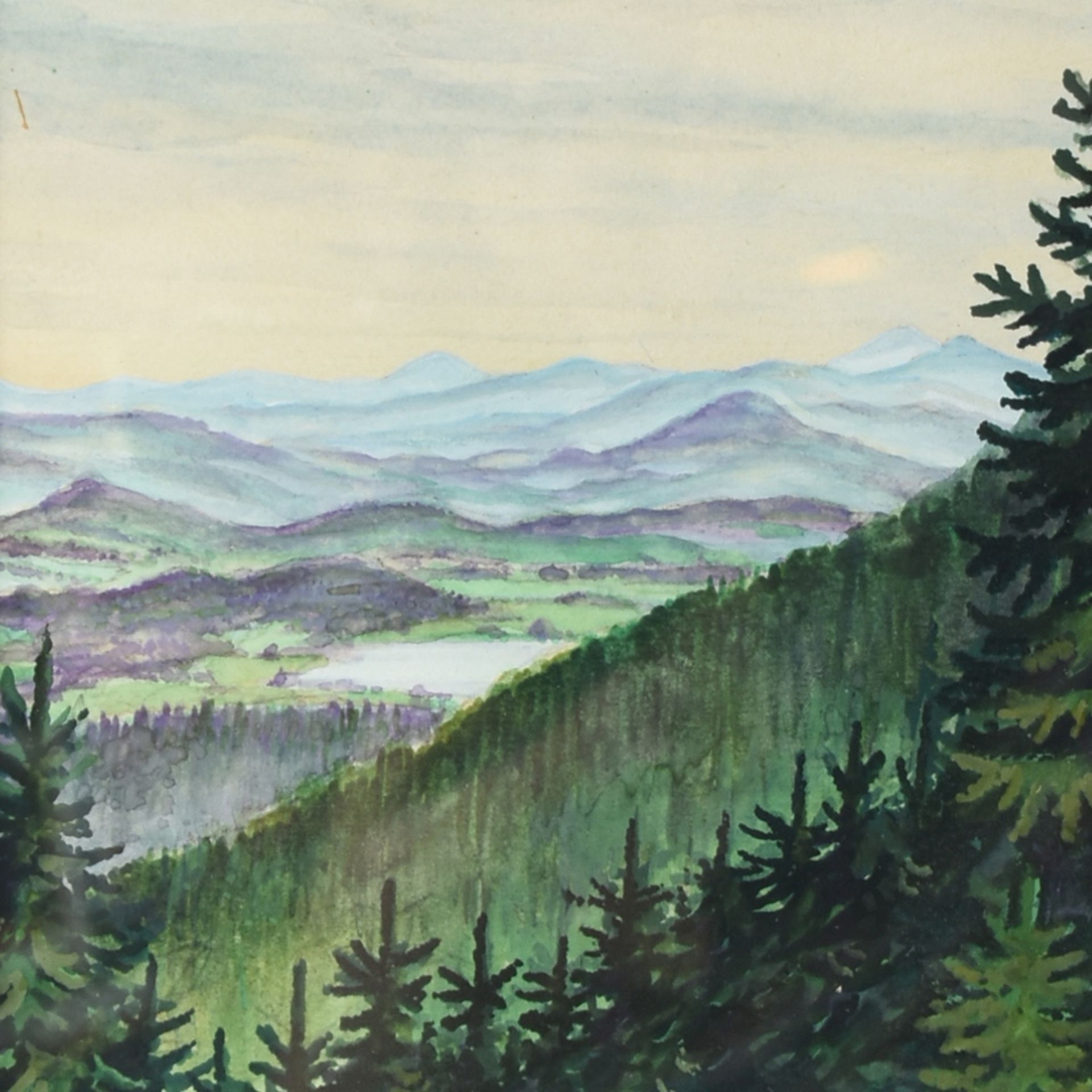 Schwarz, L. Aquarell und Gouache auf Papier, weiter Blick in erzgebirgische Landschaft, links