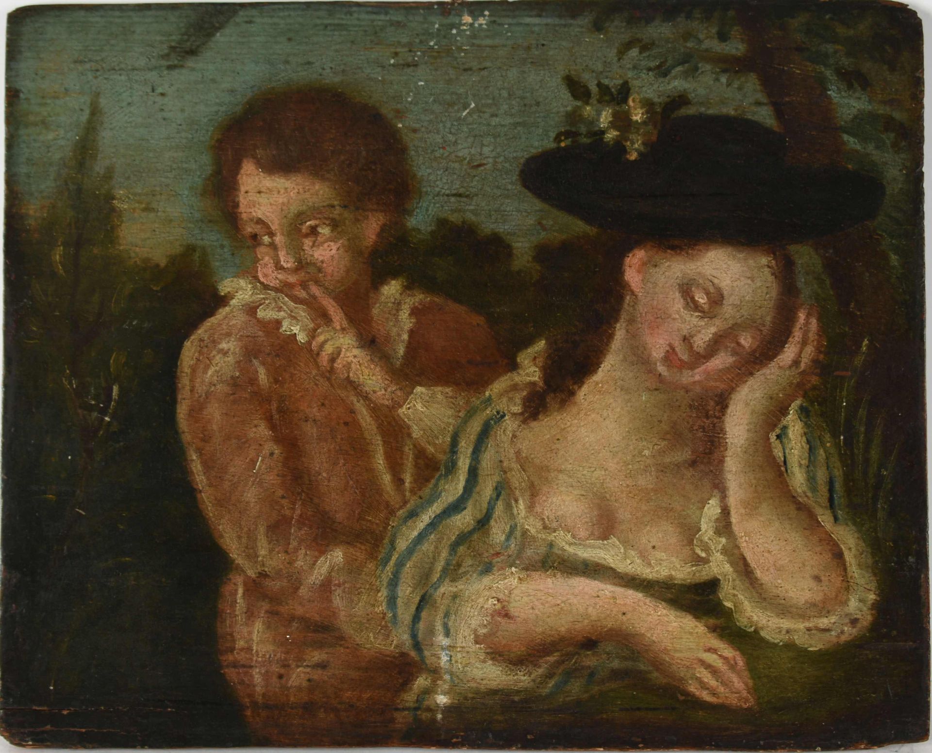 Unsigniert Öl/Holz, junges Paar, Altersspuren und mit gewölbtem Holzträger, ungerahmt, ca. 29 x 35 - Bild 3 aus 3