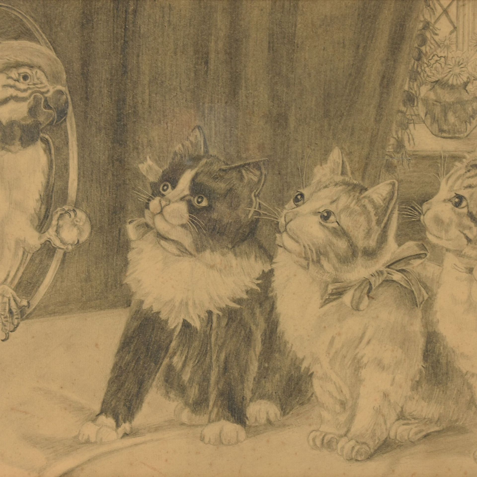 Pissaro, C. Bleistiftzeichnung, Tierdarstellung, drei Katzen und ein Papagei, rechts unten