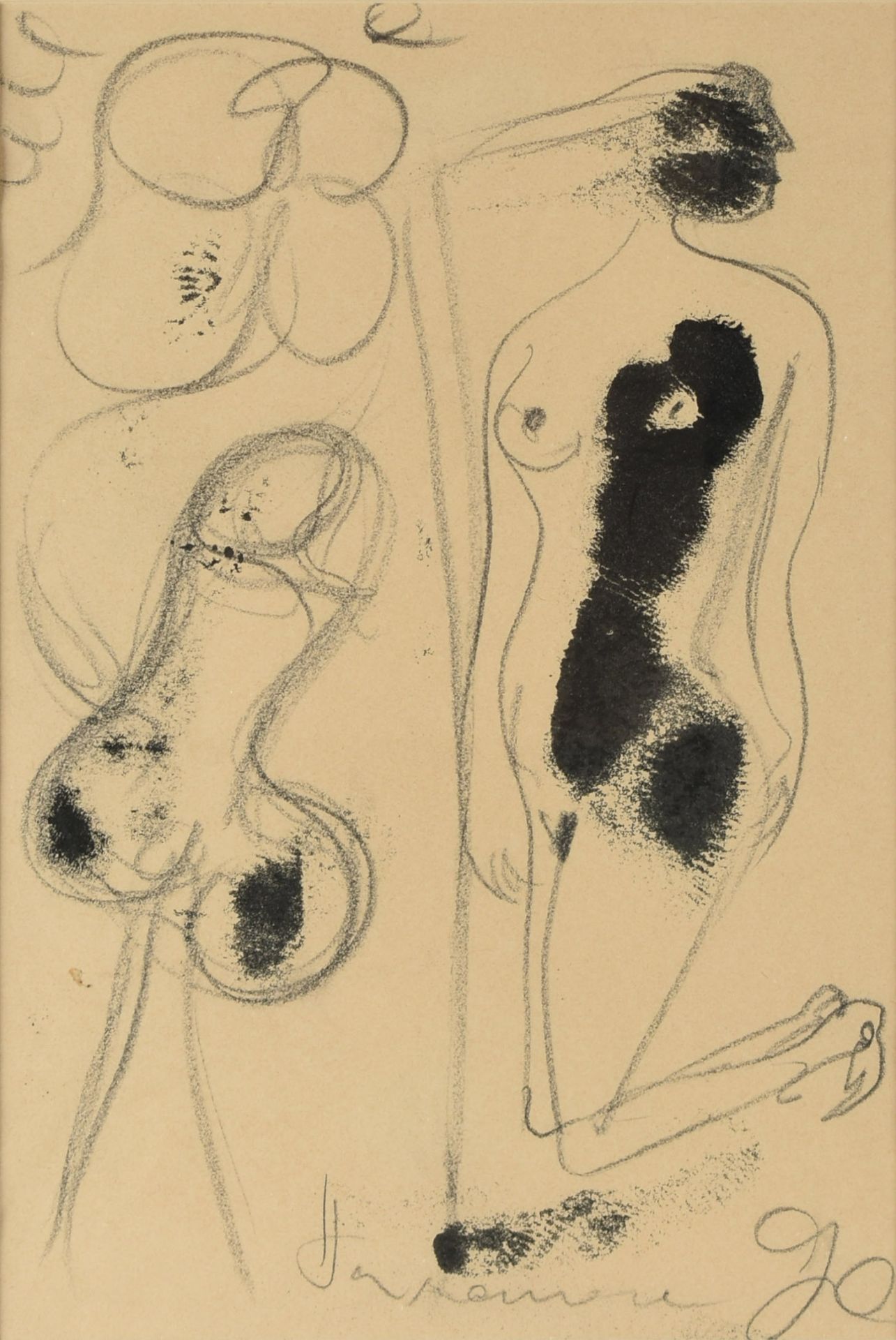 Undeutlich signiert Bleistift und Tusche, erotische Darstellung, unten in Blei signiert, hinter Glas - Bild 2 aus 2