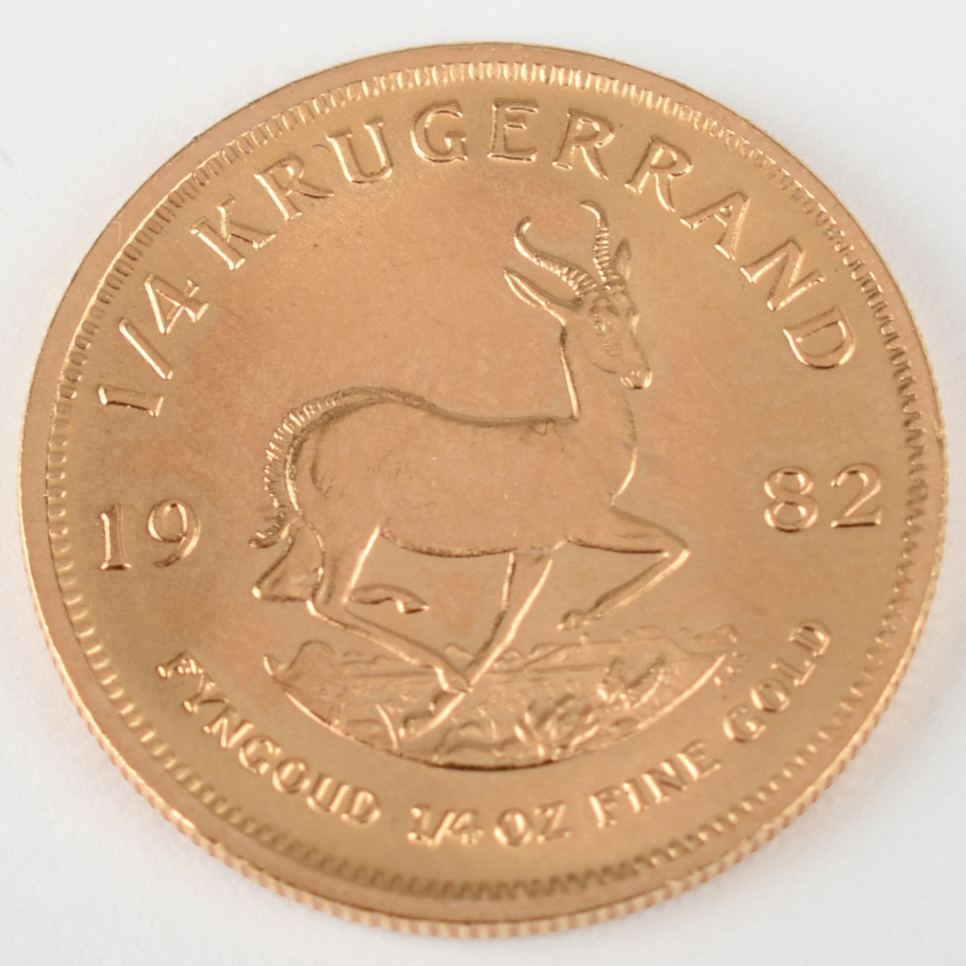 Goldmünze Südafrika 1982 Krügerrand, 1/4 oz in Gold, 916/1000, 8,482 g, D ca. 22 mm, av. Paul Kruger - Bild 2 aus 3