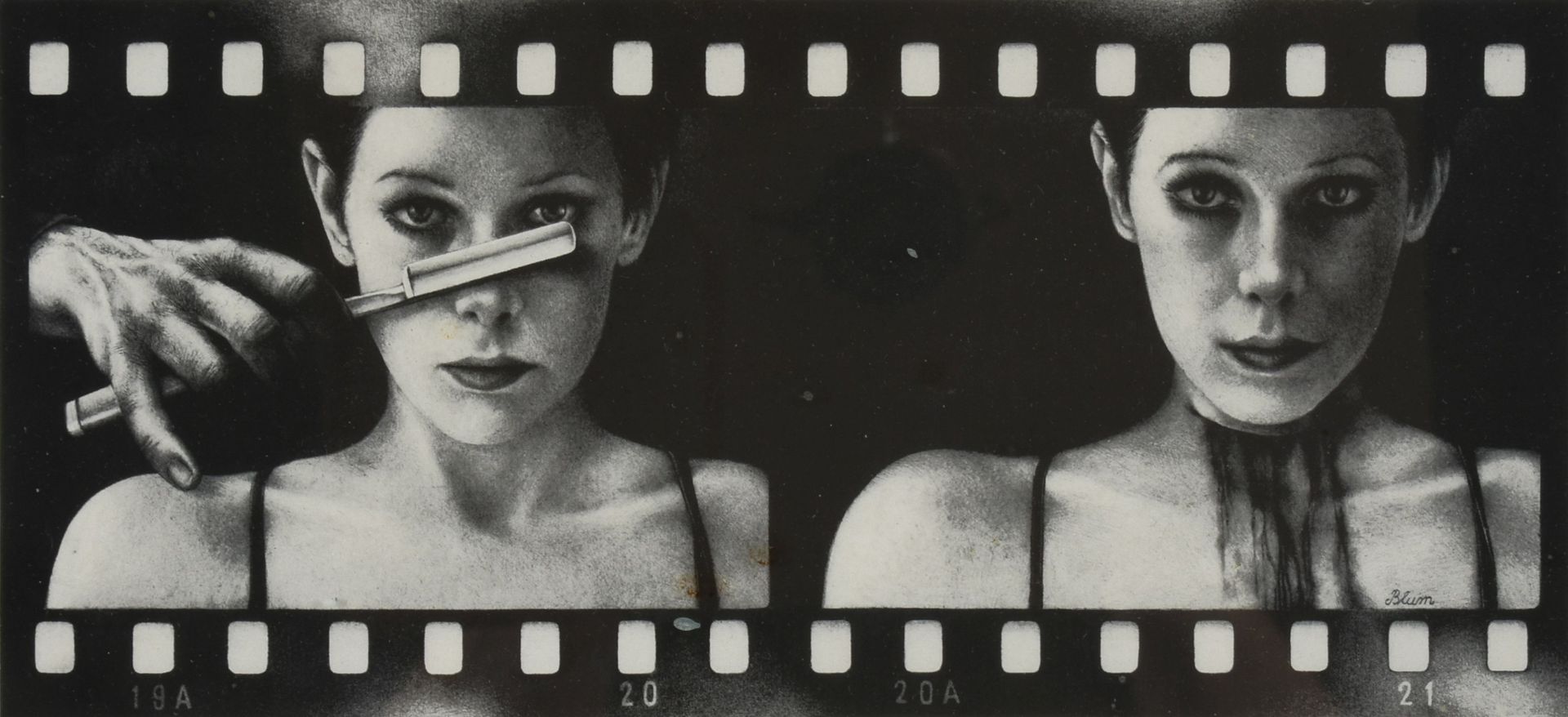 Blum Siebdruck, makabre Szene in der Art eines Filmstreifens, Mädchen und Rasiermesser, im Druck - Bild 2 aus 4