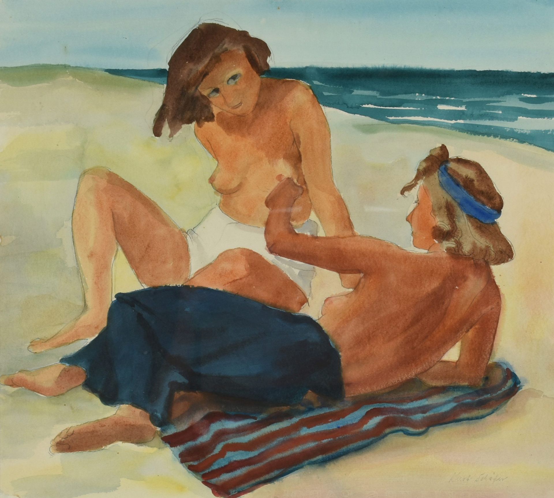Schäfer, Erich Kurt (1913 Berlin - 1944 Ruiselede) Aquarell, zwei Mädchen am Strand, rechts unten in - Bild 2 aus 4