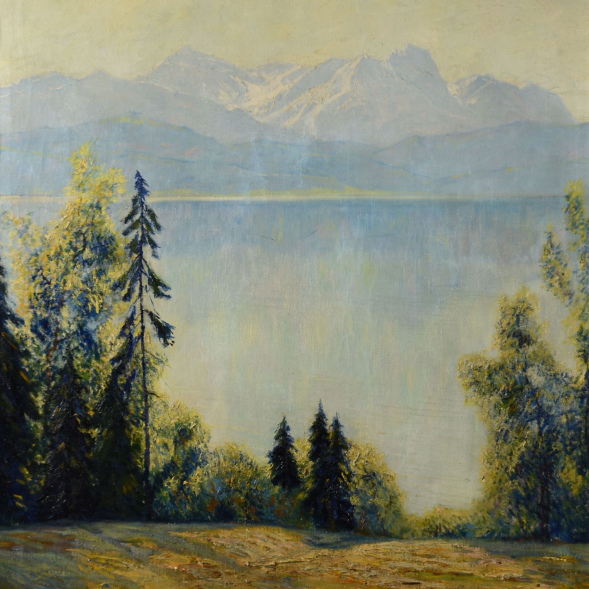 Pippel, Otto Eduard (1878 Lotz - 1960 Planegg) Öl/Lwd., Blick über See auf Gebirgsmassiv, rechts