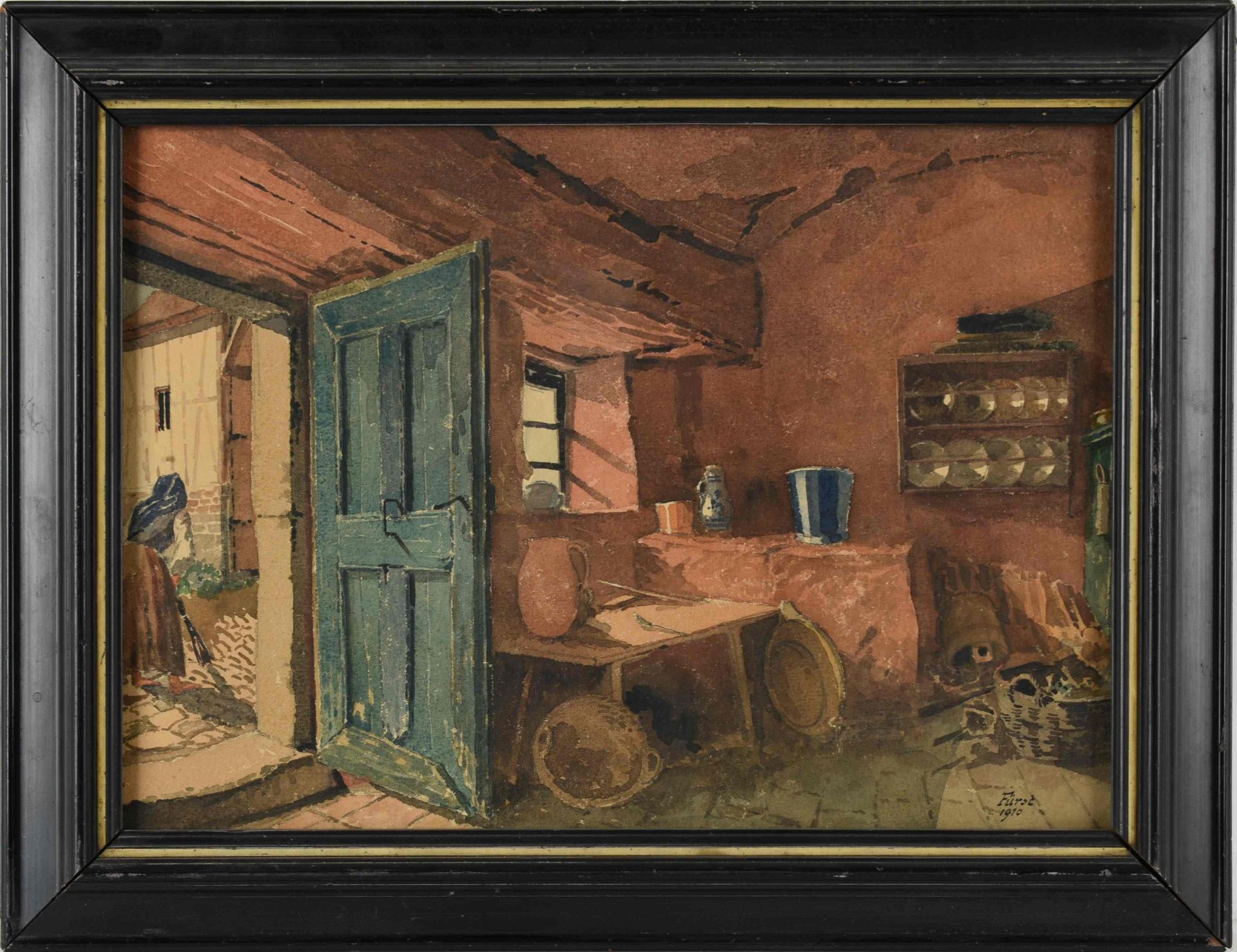Fürst Aquarell, Blick in ein Bauernhaus, rechts unten signiert und datiert 1910, hinter Glas - Bild 3 aus 4