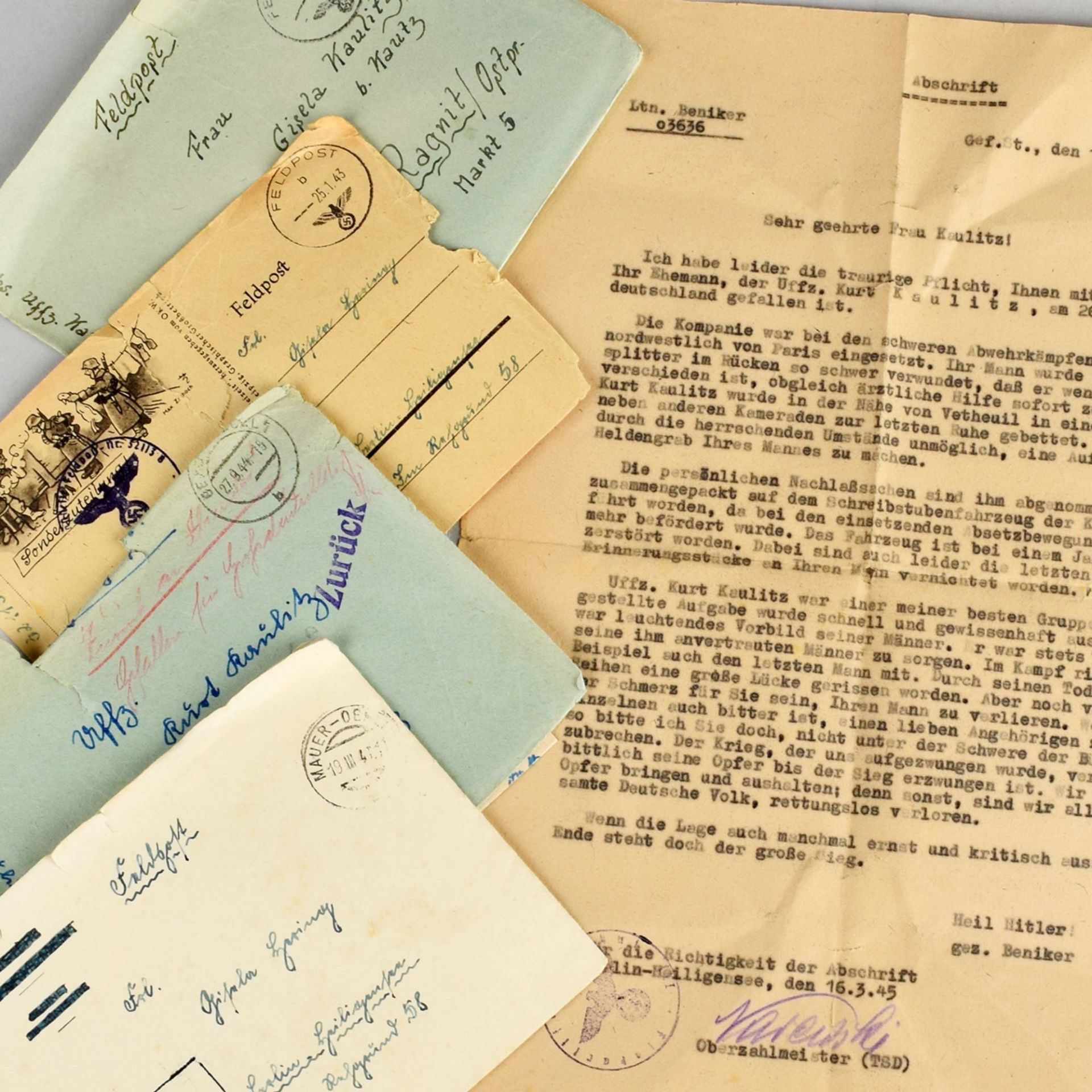 Nachlass Feldpost III. Reich umfangreicher Nachlass Feldpostbriefe eines Unteroffiziers, gefallen am
