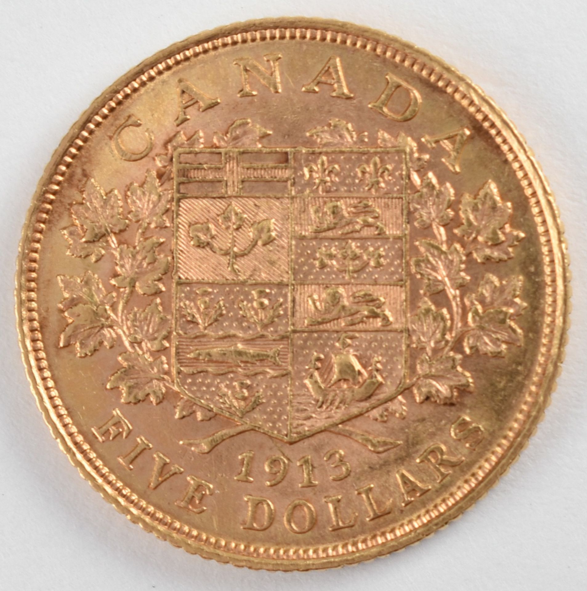 Goldmünze Kanada 1913 5 Dollars in Gold, 900/1000, 8,359 g, av. König George V. Brustbild mit - Bild 2 aus 3