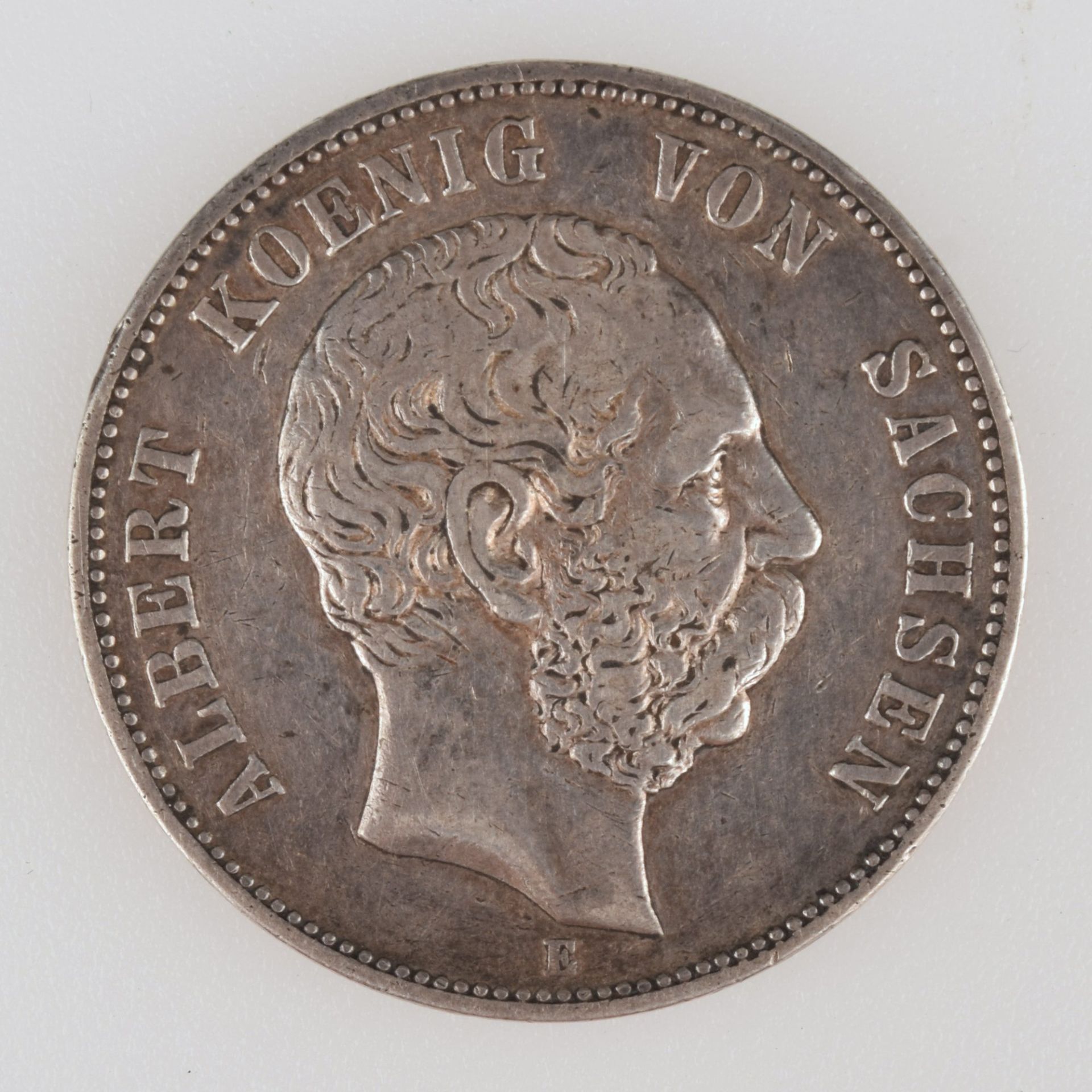 Silbermünze Kaiserreich - Sachsen 1875 5 Mark in Silber, av. Albert König von Sachsen Kopf rechts, - Bild 2 aus 3