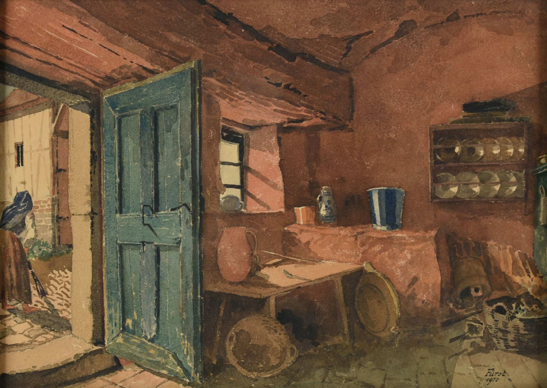 Fürst Aquarell, Blick in ein Bauernhaus, rechts unten signiert und datiert 1910, hinter Glas - Bild 2 aus 4