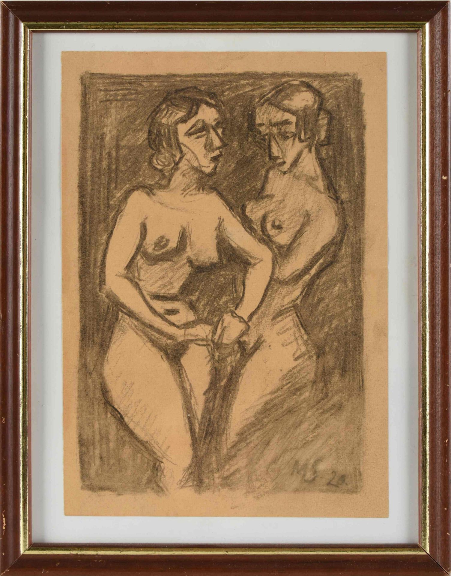 Monogrammiert Bleistiftzeichnung, zwei stehende Damenakte, in expressionistischer Manier mit schwarz - Bild 3 aus 4