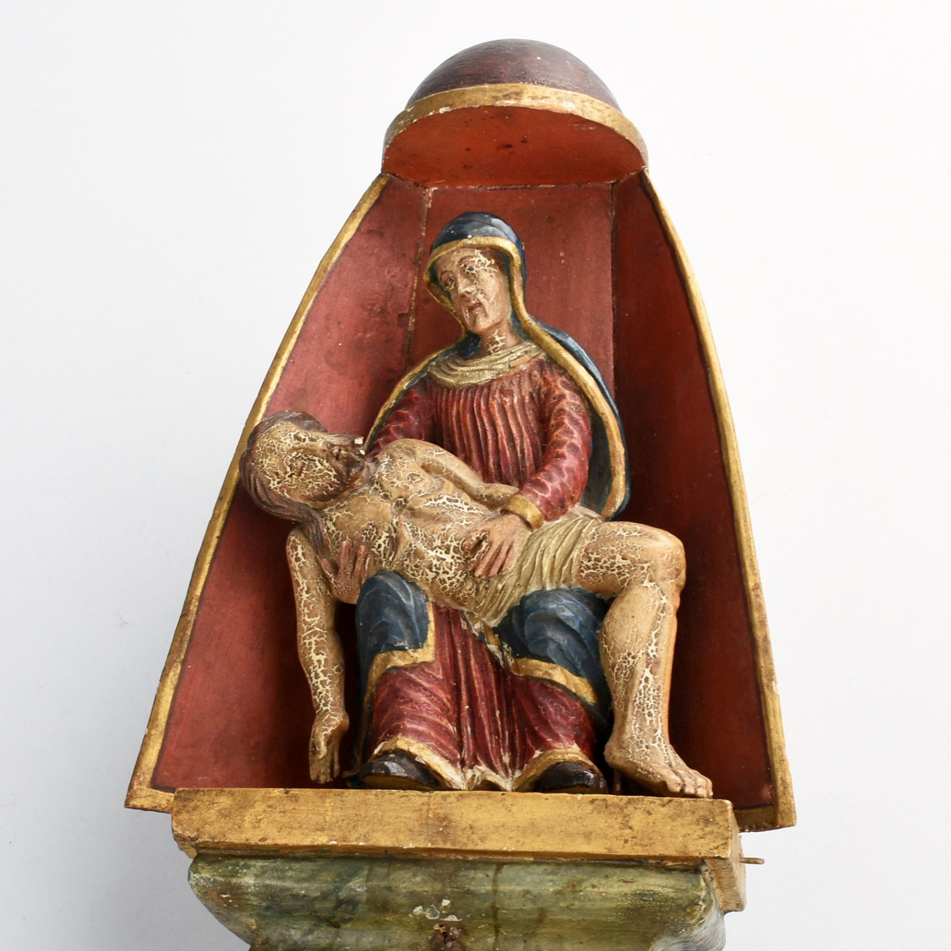 Andachtsbild Holz, polychrome Farbfassung, Maria in Trauer um ihren vom Kreuz abgenommenen Sohn,