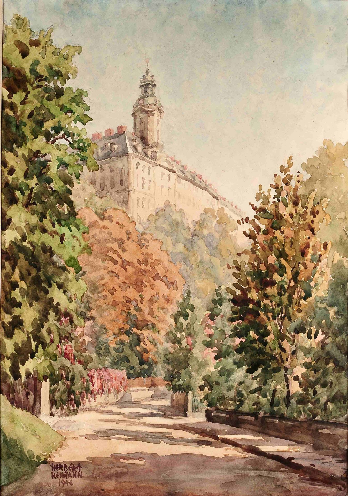 Neumann, Herbert Aquarell, sommerlicher Weg mit Blick zur Heidecksburg (Rudolstadt), unten - Bild 2 aus 3