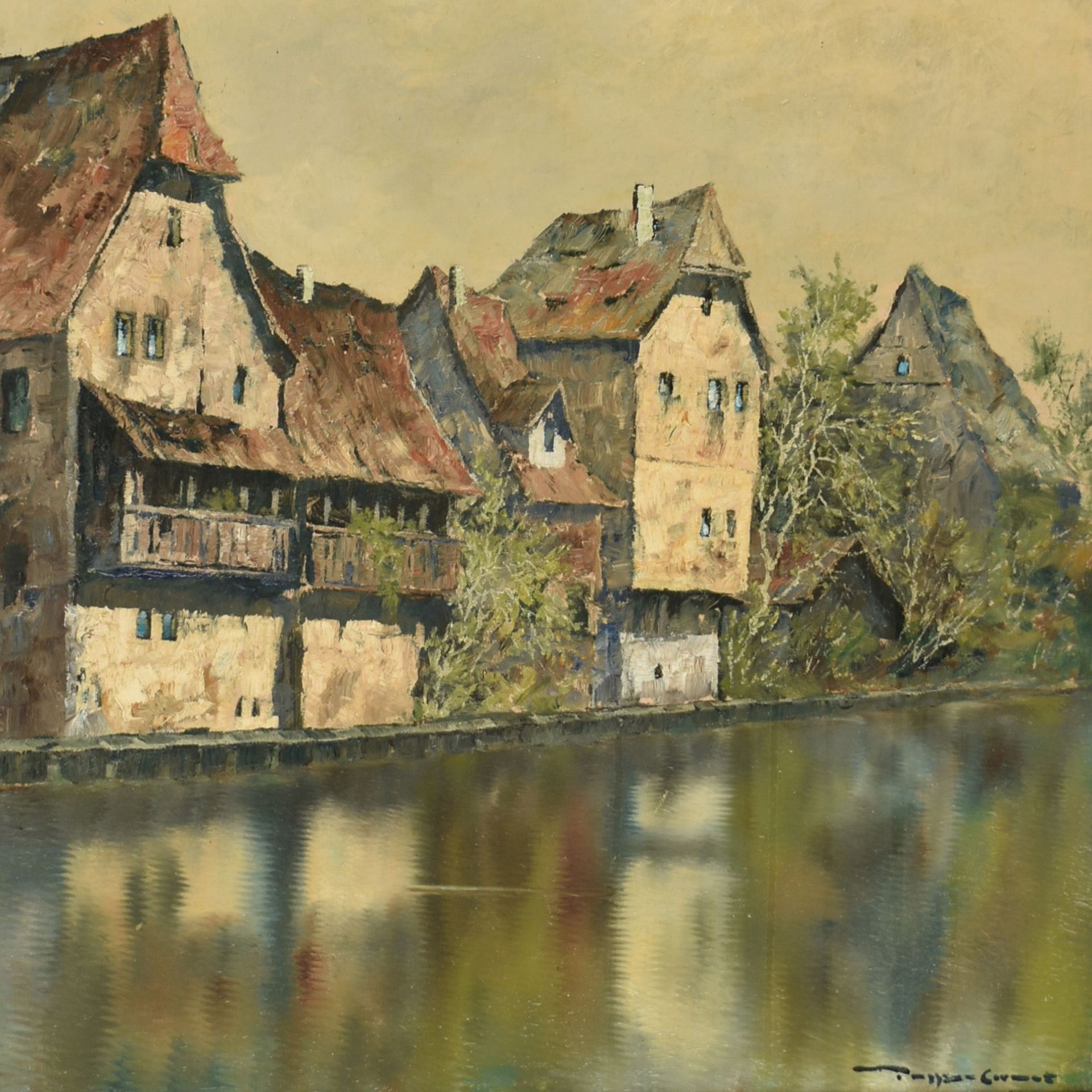 Undeutlich signiert Öl/Hartfaser, Häuser an der Pegnitz, rechts unten signiert und datiert (19)46,