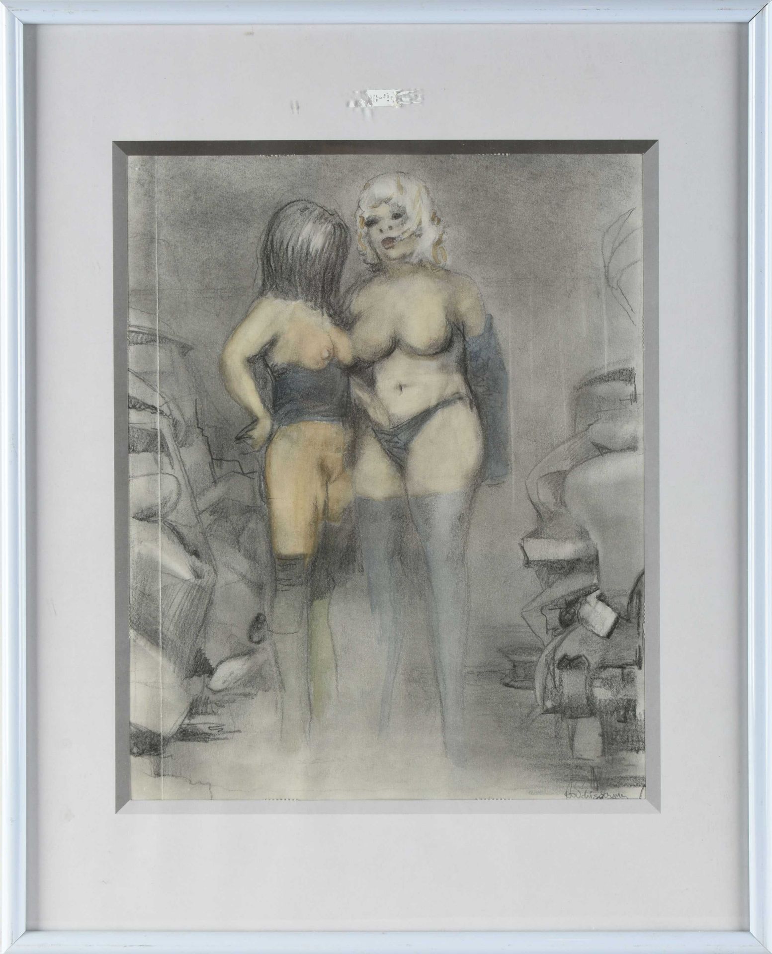 Schiedrum, Rolf Dieter (1930 - 2011) Farb- und Bleistift, "Erwartete", erotisches Frauenpaar, - Bild 3 aus 4