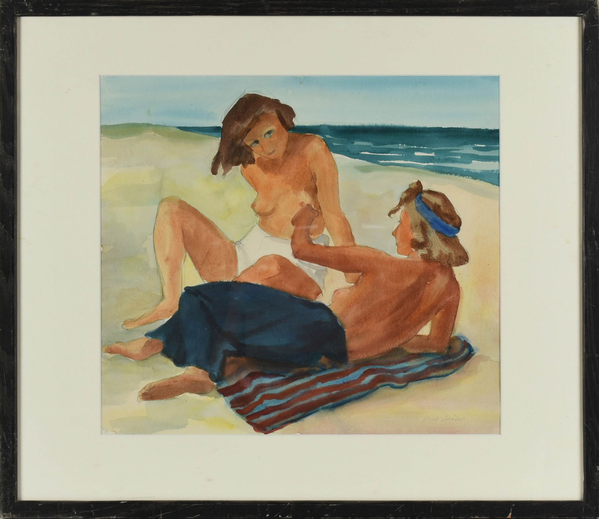 Schäfer, Erich Kurt (1913 Berlin - 1944 Ruiselede) Aquarell, zwei Mädchen am Strand, rechts unten in - Bild 3 aus 4