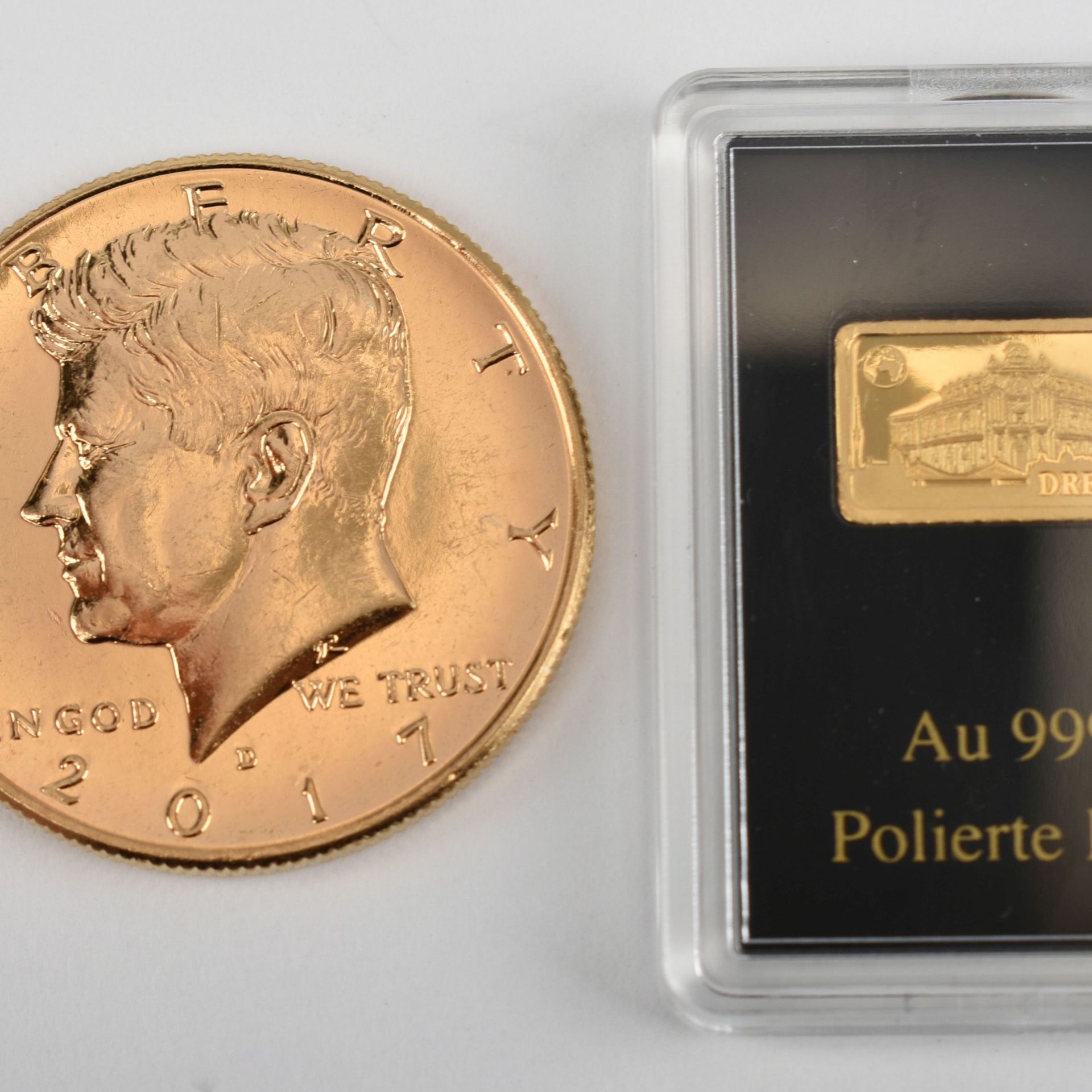Goldmünze Dresden und Gedenkmünze Kennedy 1 x 10 Dollars Salomon-Inseln, in Gold, 999/1000,