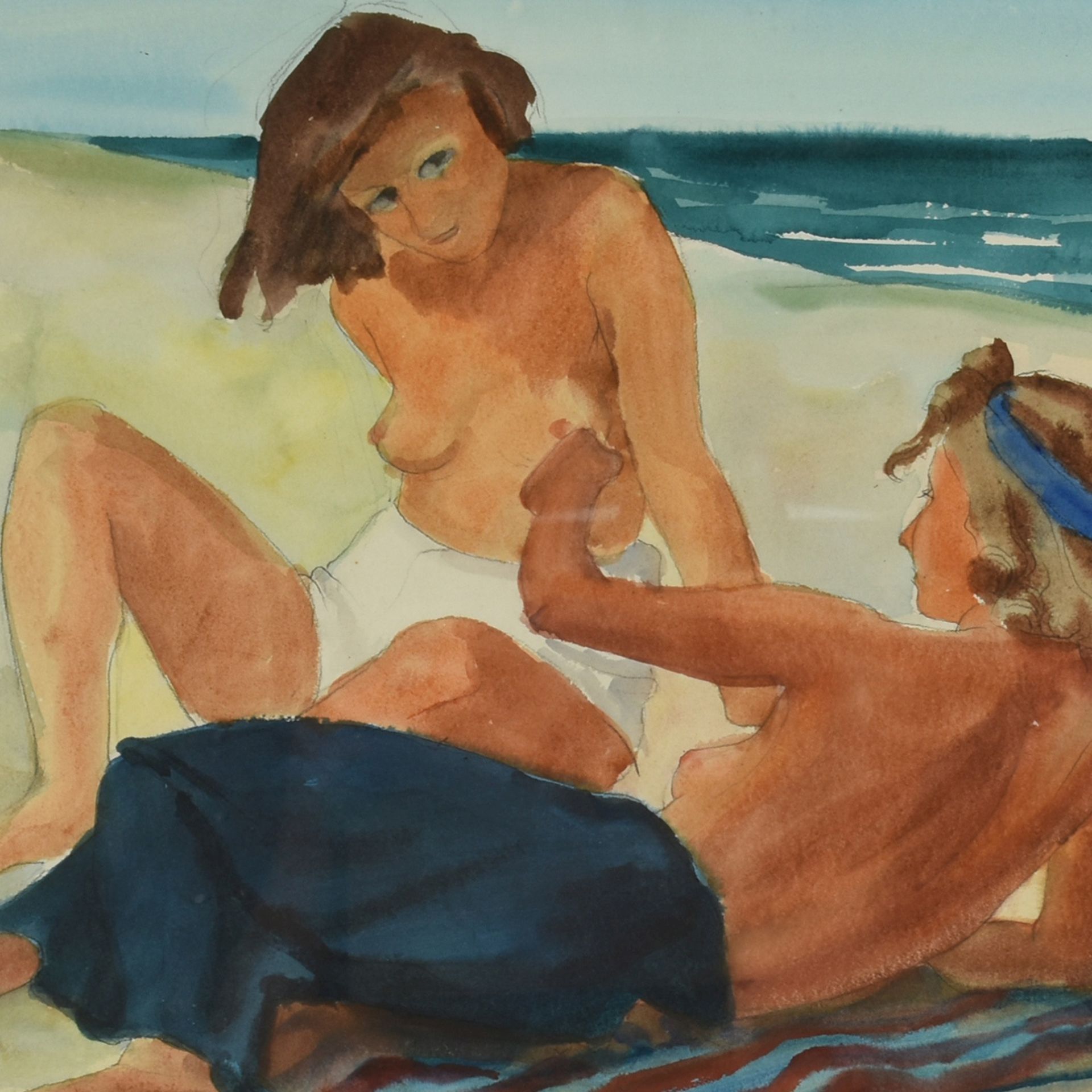 Schäfer, Erich Kurt (1913 Berlin - 1944 Ruiselede) Aquarell, zwei Mädchen am Strand, rechts unten in