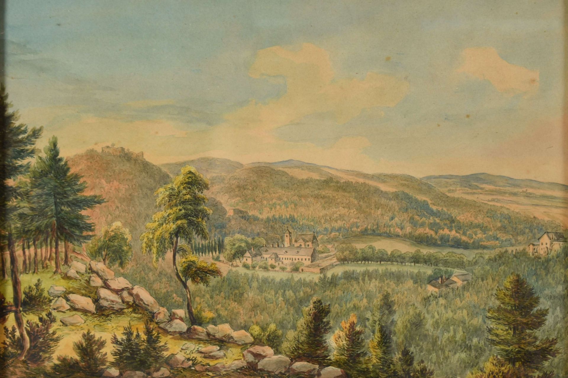 Unsigniert Aquarell, Landschaft mit Blick über Kloster, hinter Glas gerahmt, mit Rahmen ca. 26,5 x - Bild 2 aus 3