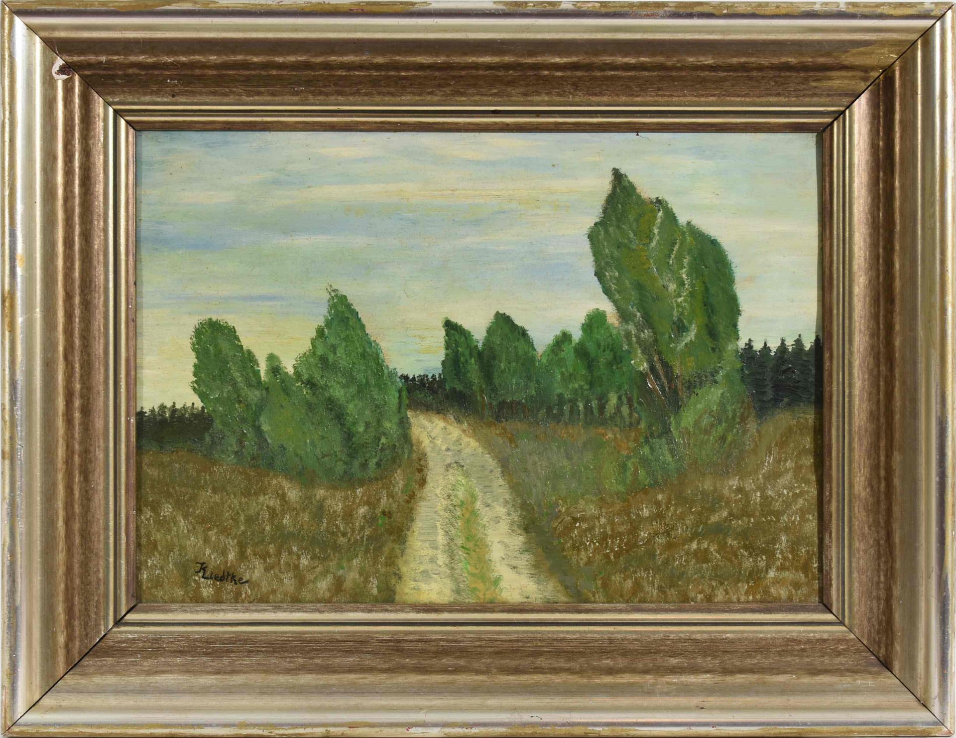 Kledtke Öl/Karton, brandenburgische Landschaft mit Weg und Bäumen, links unten signiert, gerahmt, - Bild 3 aus 4