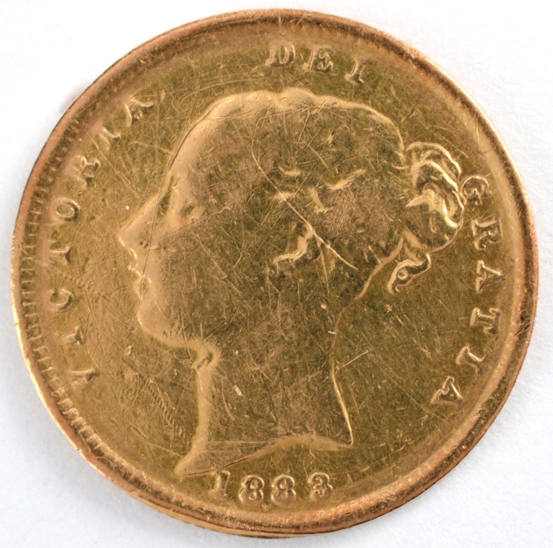 Goldmünze Großbritannien 1883 1/2 Sovereign - 1/2 Pfund in Gold, 3,994 g, 916/1000, D ca. 19,3 mm, - Bild 2 aus 3