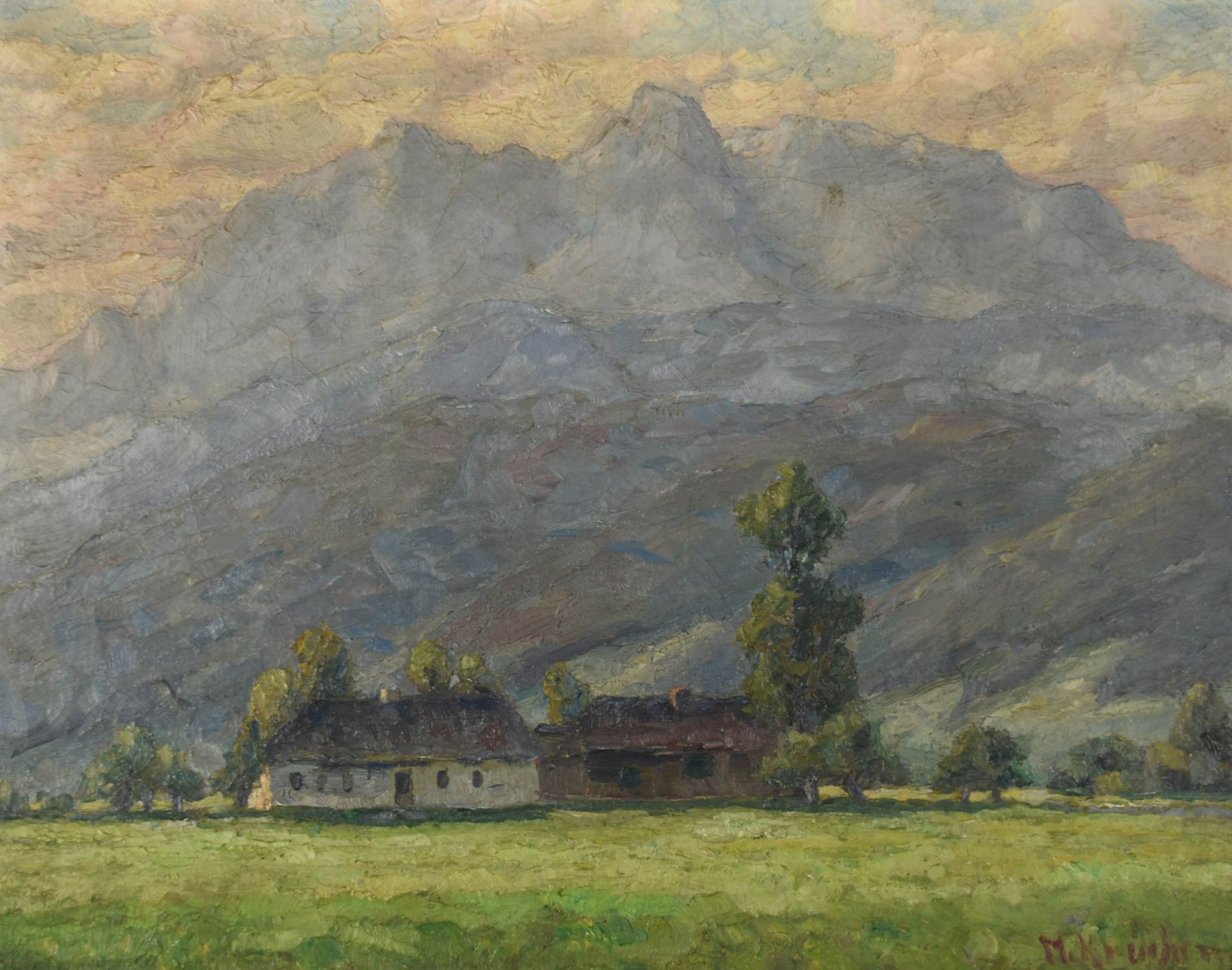 Kruchen, Medarus (1877 Düsseldorf - 1957 ebd.) Öl/Lwd., Landschaft mit Bauerngehöft im Unwetter, - Bild 2 aus 4