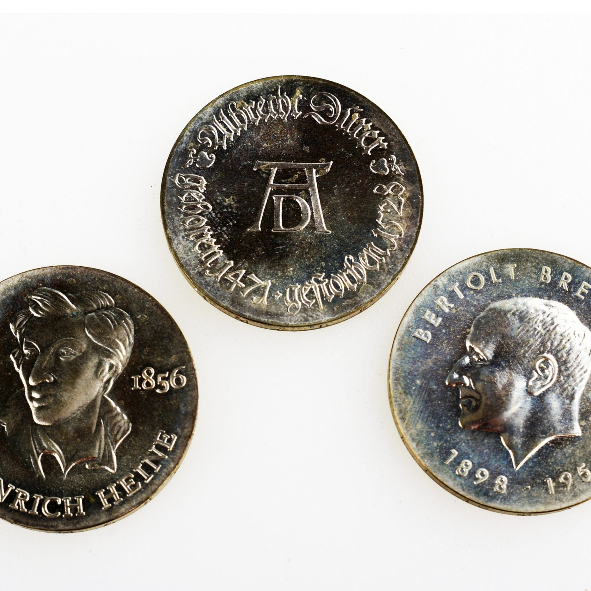 Silbermünzen DDR insg. 3 versch. Ausgaben, jew. 625/1000, 3 x 17 g, D ca. 31 mm: 1 x 10 Mark "500.