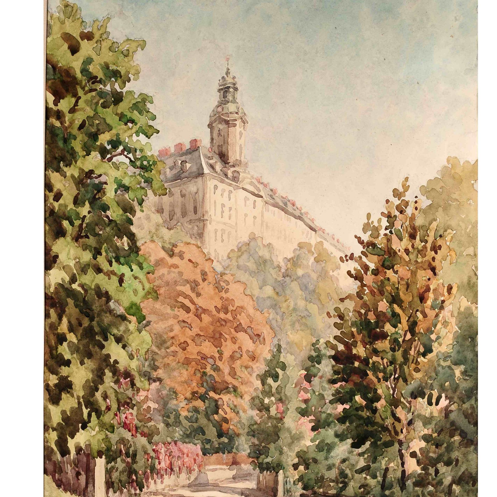 Neumann, Herbert Aquarell, sommerlicher Weg mit Blick zur Heidecksburg (Rudolstadt), unten