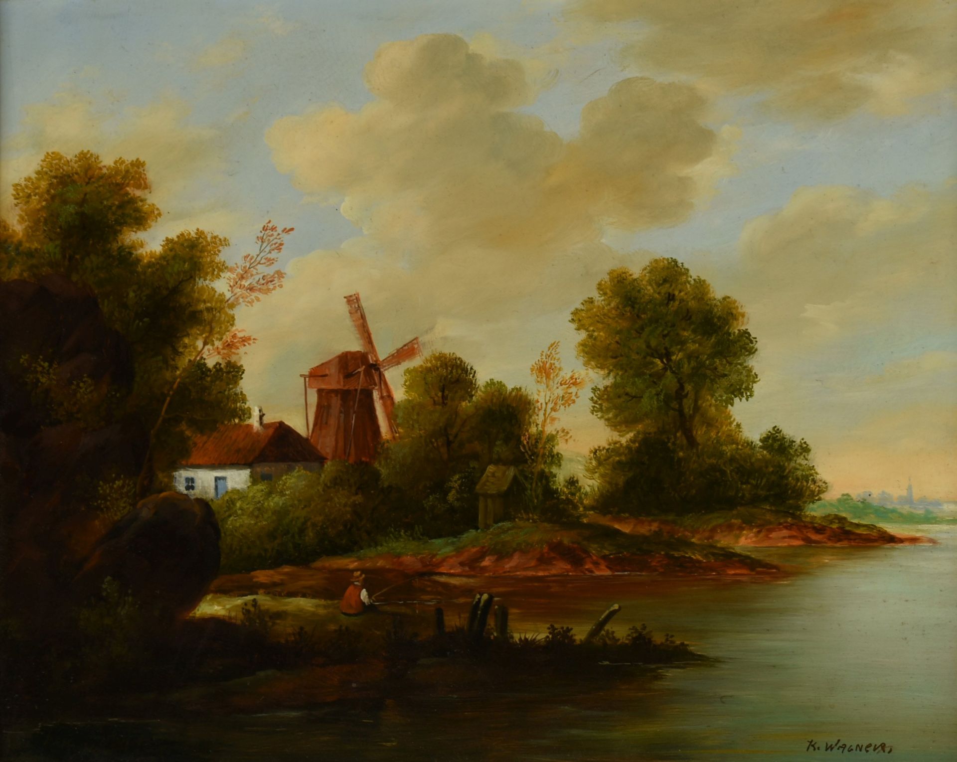 Wagner, K. Öl/Holz, Mühle mit Fluss und Angler, rechts unten signiert, gerahmt, ca. 50 x 40 cm, - Bild 2 aus 4
