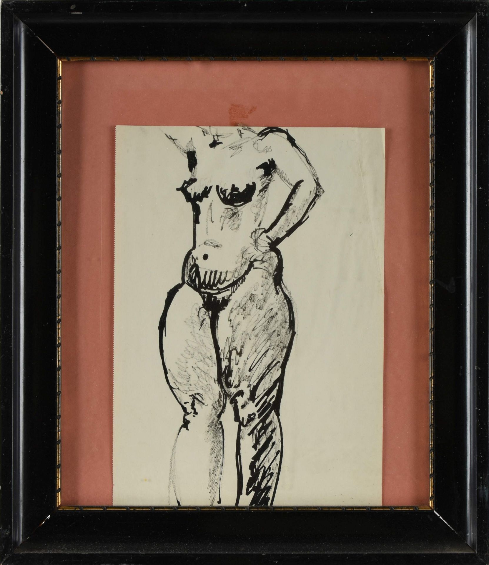 Unsigniert Pinselzeichnung, Aktstudie, Blatt mit Altersspuren, Blatt ca. 31 x 22 cm, Schutzrahmung - Bild 3 aus 3