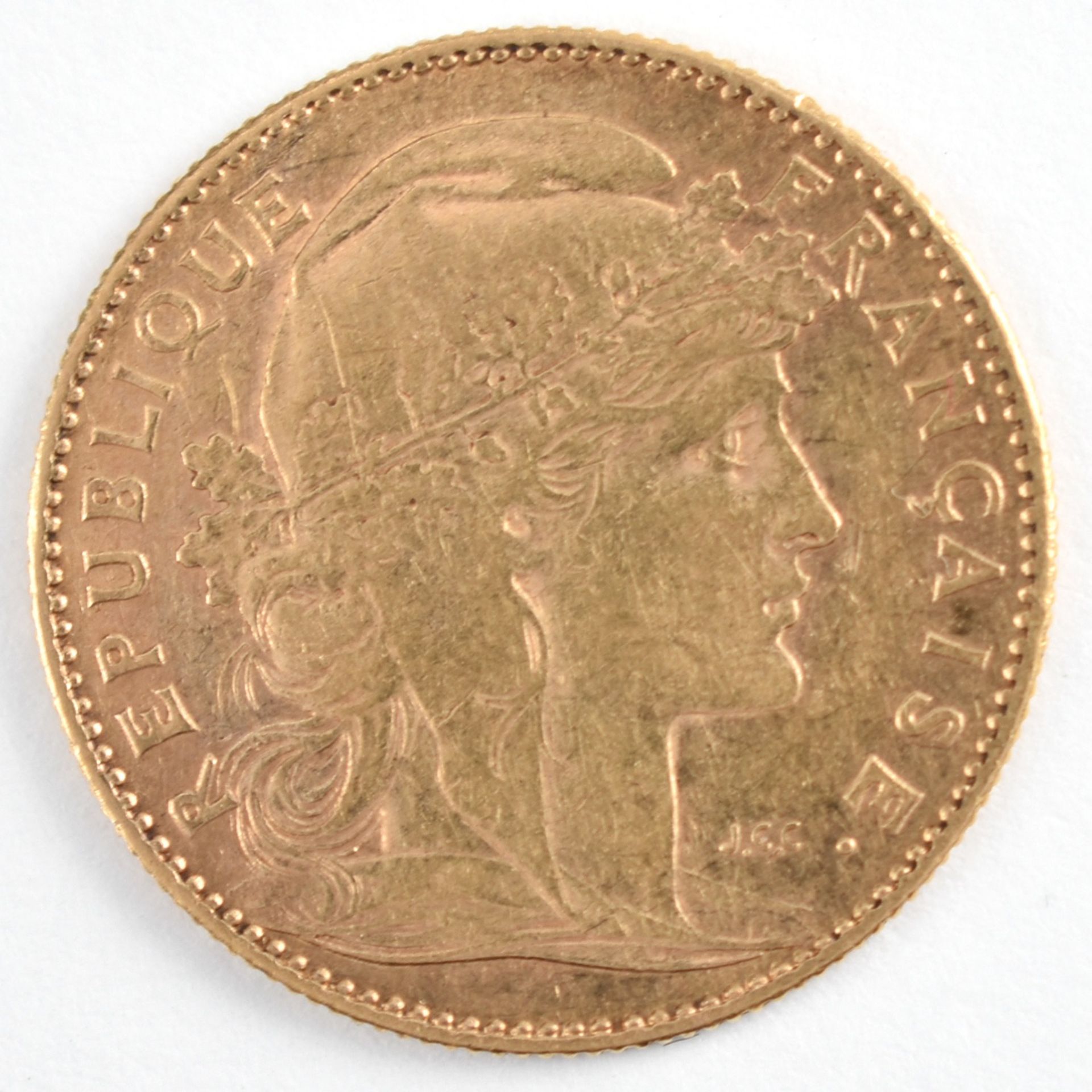 Goldmünze Frankreich 1901 10 Francs in Gold, 900/1000, 3,23 g, D ca. 18,9 mm, av. Marianne Kopf - Bild 2 aus 3