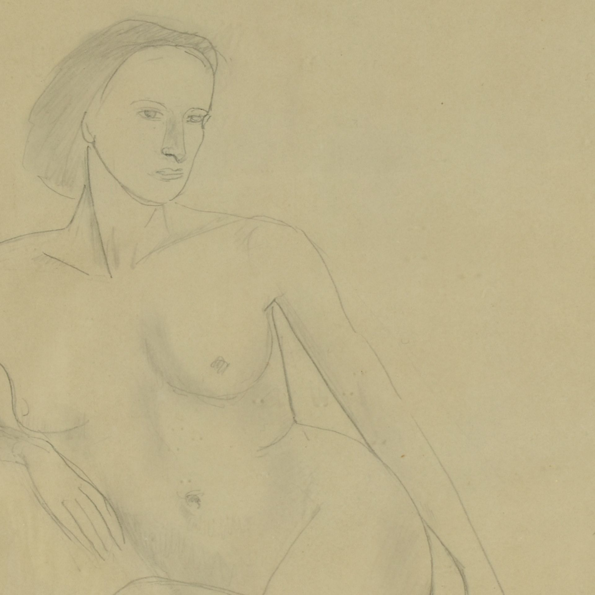 Unsigniert Bleistiftzeichnung auf dünnem Papier, sitzender weiblicher Akt, ein Arm aufgestützt,