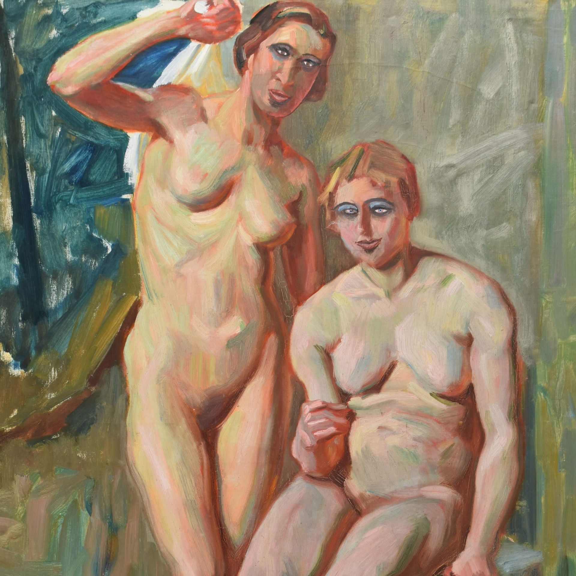 Erdke, A. Öl/Lwd., zwei Frauenakte, links unten signiert, gerahmt, mit Rahmung ca. 104 x 74 cm