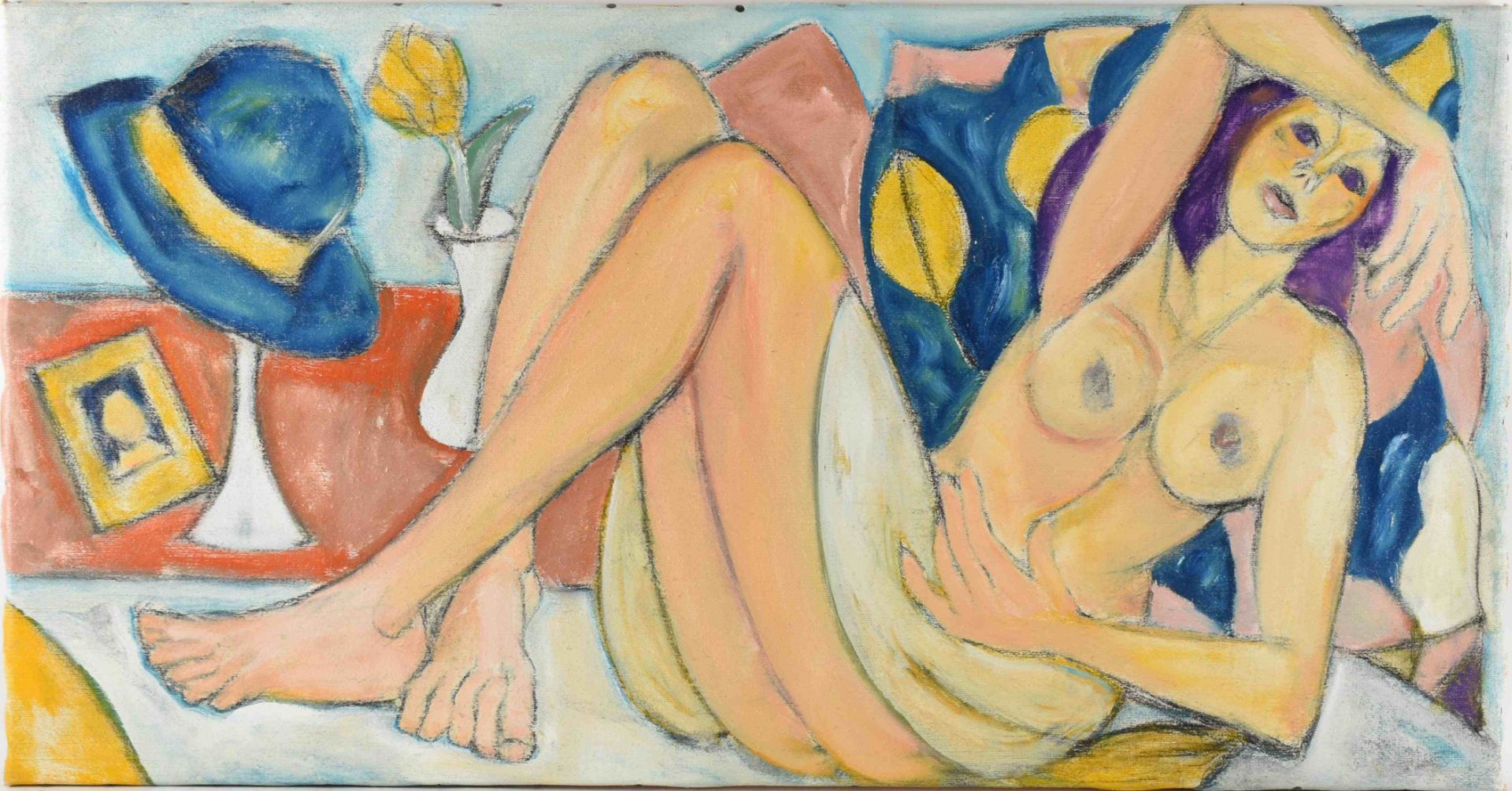 Unsigniert Öl/Lwd., liegender weiblicher Akt, ungerahmt, ca. 55 x 105,5 cm, 1960er Jahre - Bild 2 aus 2